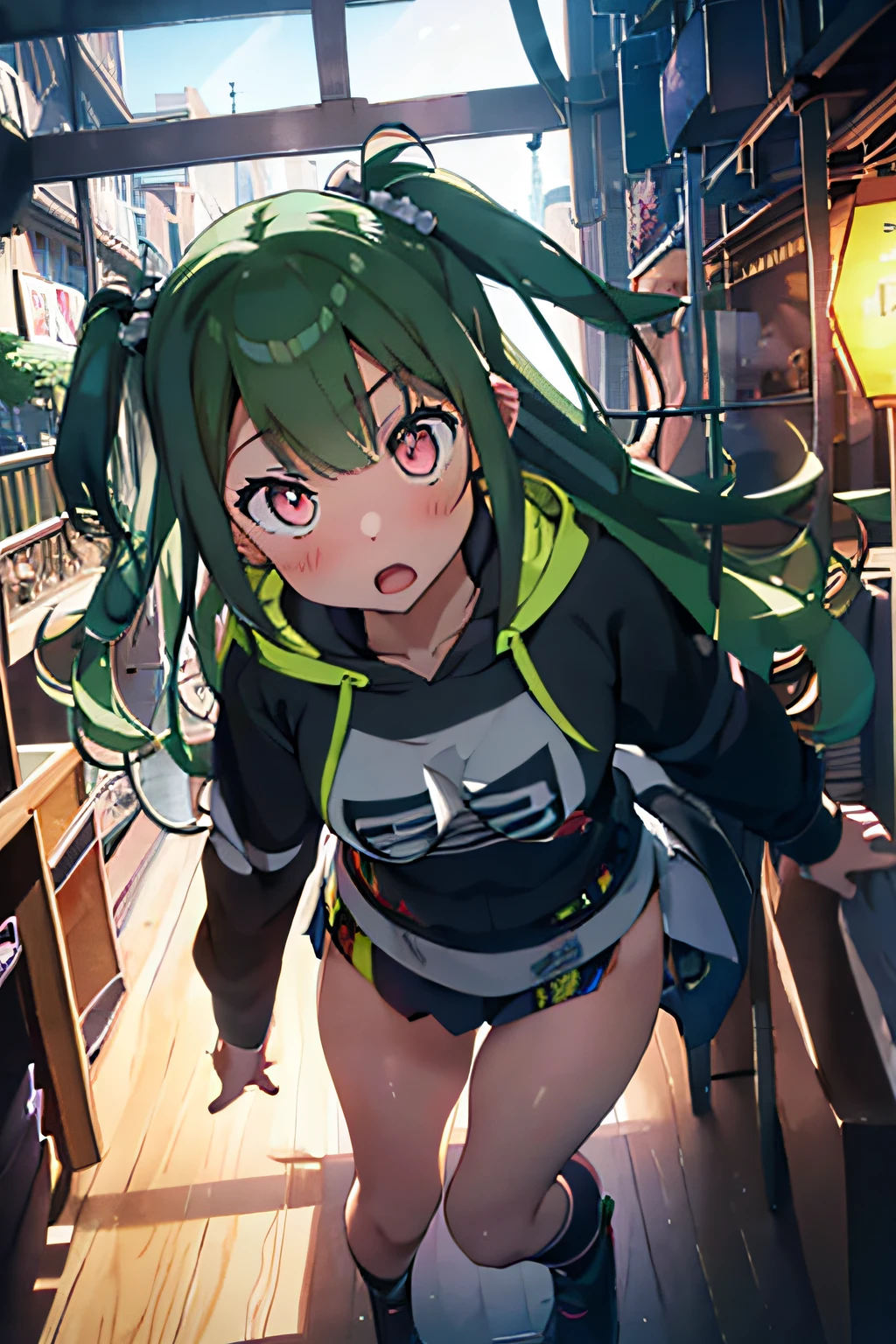 1girl), bottomless, anime style, polished and powerful look, huge breast, exotic, girl design, mara, portrait, giesha, anime image, with yellow green side tail long hair, showing shoulder, black and green punk hoodie, low angle, wide angle lens f/2.8, ultra insane high resolution intricate textures, texture indentation, perfect perspective, perfect geometry, ultra insane ambient lighting, ultra insane ambient shadows, luminism, tessellation, maximalism, perfectionism, IPA Award wining masterpiece, full body, dynamic composition, atmospheric perspective, impressionistic, extremely detailed CG, extremely detailed wallpaper, (vivid colors), cinematic lighting, (colorful), blush,