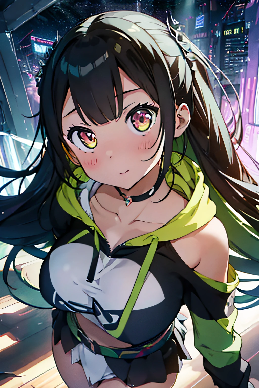 1girl), bottomless, anime style, polished and powerful look, huge breast, exotic, girl design, mara, portrait, giesha, anime image, with yellow green side tail long hair, showing shoulder, black and green punk hoodie, low angle, wide angle lens f/2.8, ultra insane high resolution intricate textures, texture indentation, perfect perspective, perfect geometry, ultra insane ambient lighting, ultra insane ambient shadows, luminism, tessellation, maximalism, perfectionism, IPA Award wining masterpiece, full body, dynamic composition, atmospheric perspective, impressionistic, extremely detailed CG, extremely detailed wallpaper, (vivid colors), cinematic lighting, (colorful), blush,