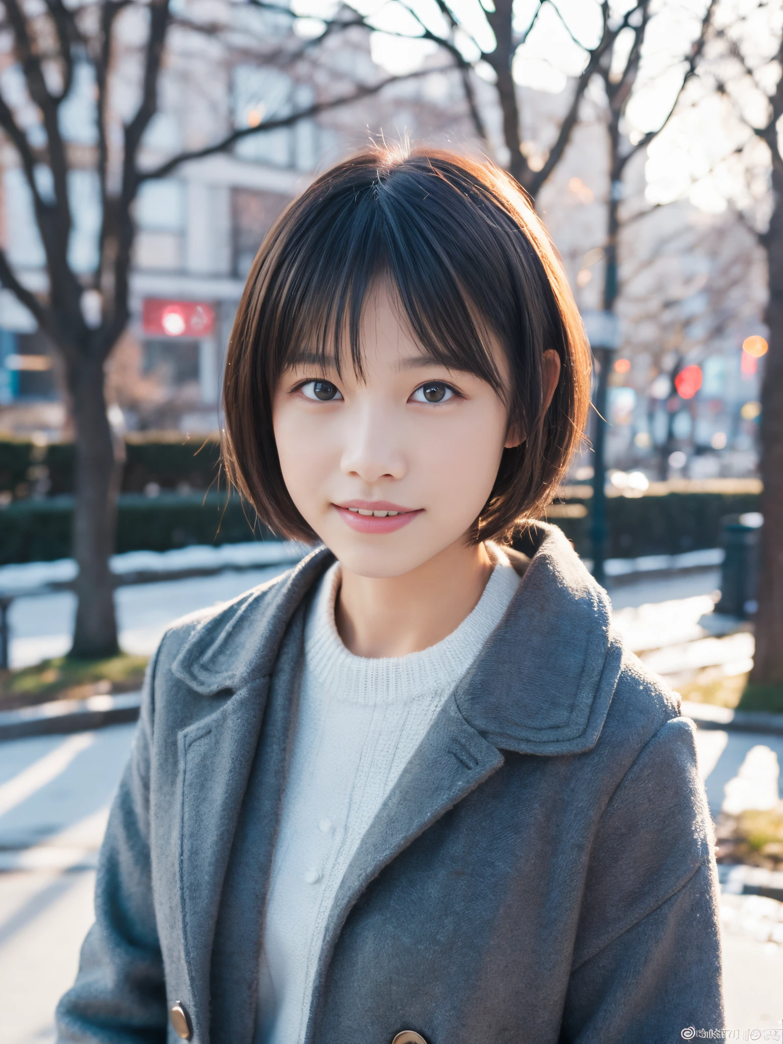Photorealsitic, 8K, Full body portrait, Beautuful Women, A charming expression, Shorthair, sixteen years old, TOKYOcty, Winters, Shibuya in the background