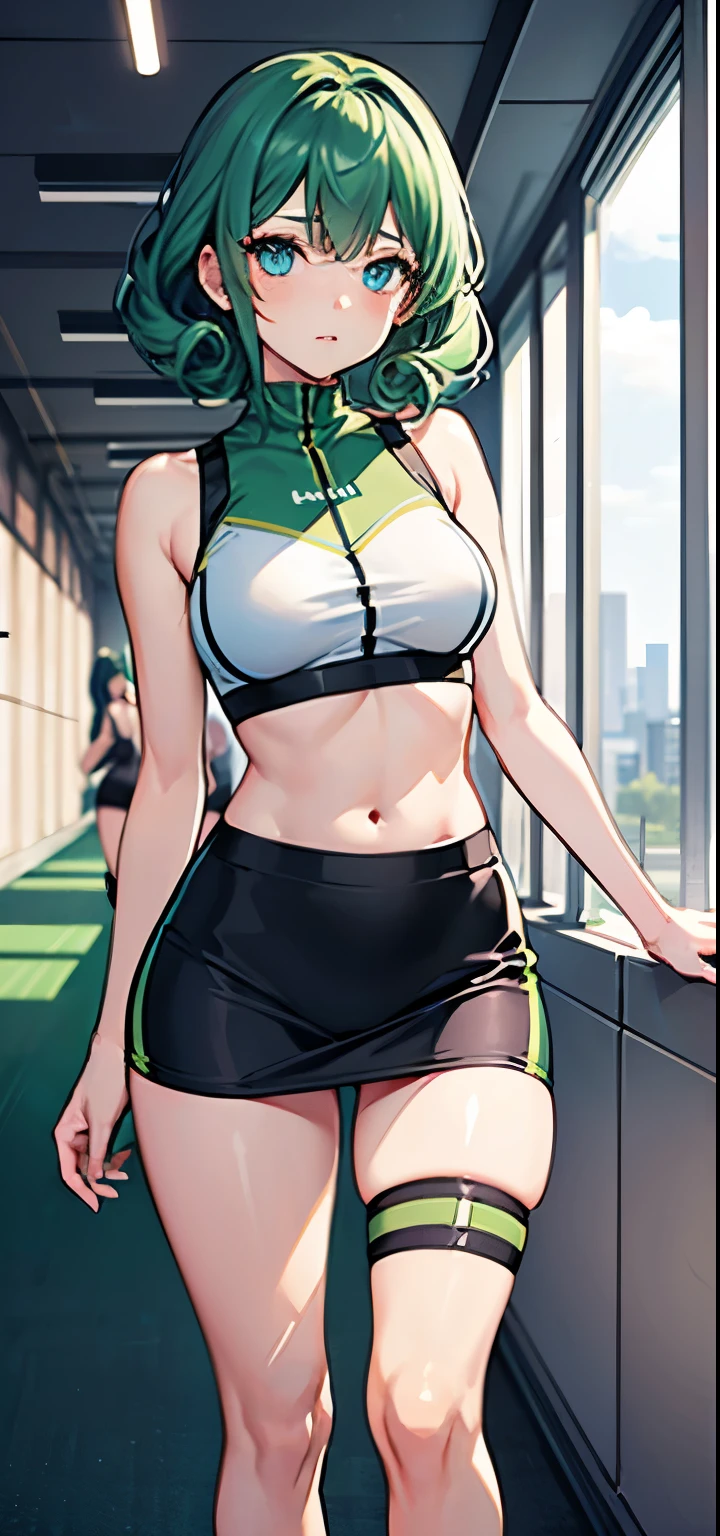 1 girl, solo, anatomically correct, short hair, curly hair, intense curls, cyan colour hair, green hair, beautiful blue eyes, medium sized boobs, small waist, wide hips, hourglass figure, Juicy thighs, wearing a short sports bra, side boob, turtle neck sports bra, bare shoulders, bare arms, mini skirt, sexy skirt, knees, stockings, stockings in both her legs, stockings squeezing her thighs, sexy pose, 8k, best quality