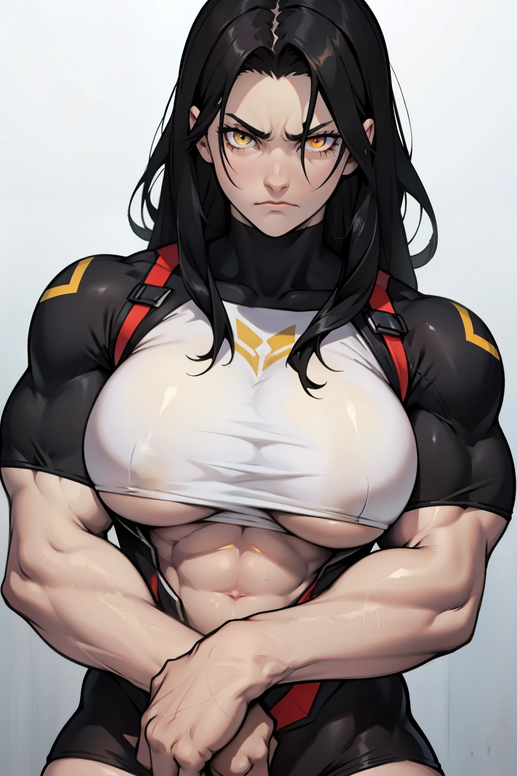 black hair yellow eyes pale skin large ((thick)) ((((muscular girl)))) sad frown