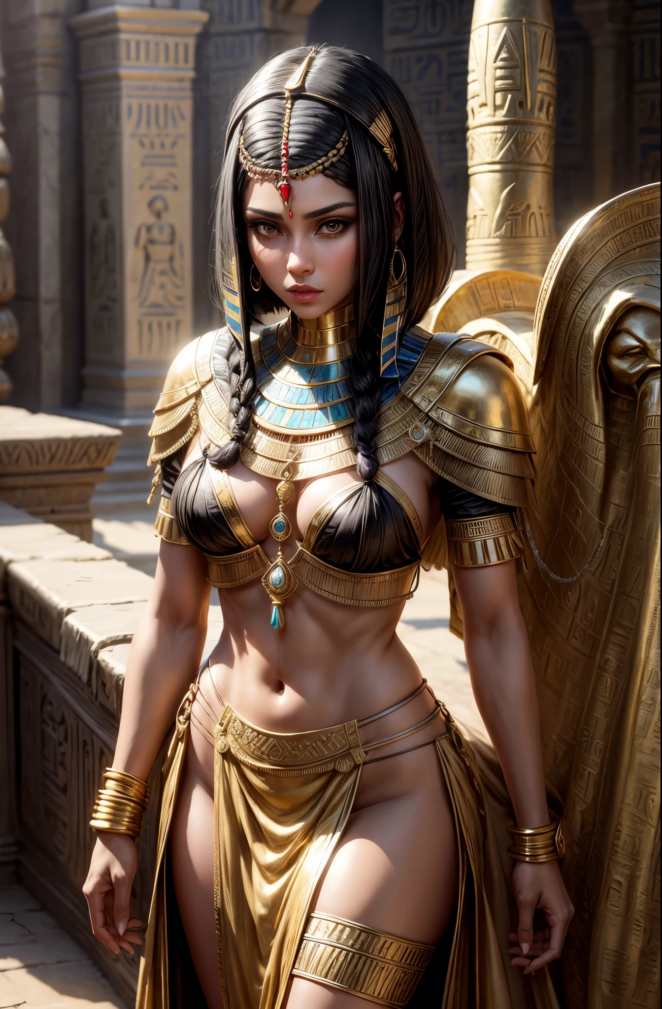 Egyptian woman, pharaoh, gold jewelry, Masterpiece, Ultra realistic, Photo realism, standing, short black hair in braids, bobcut, cowboy shot
