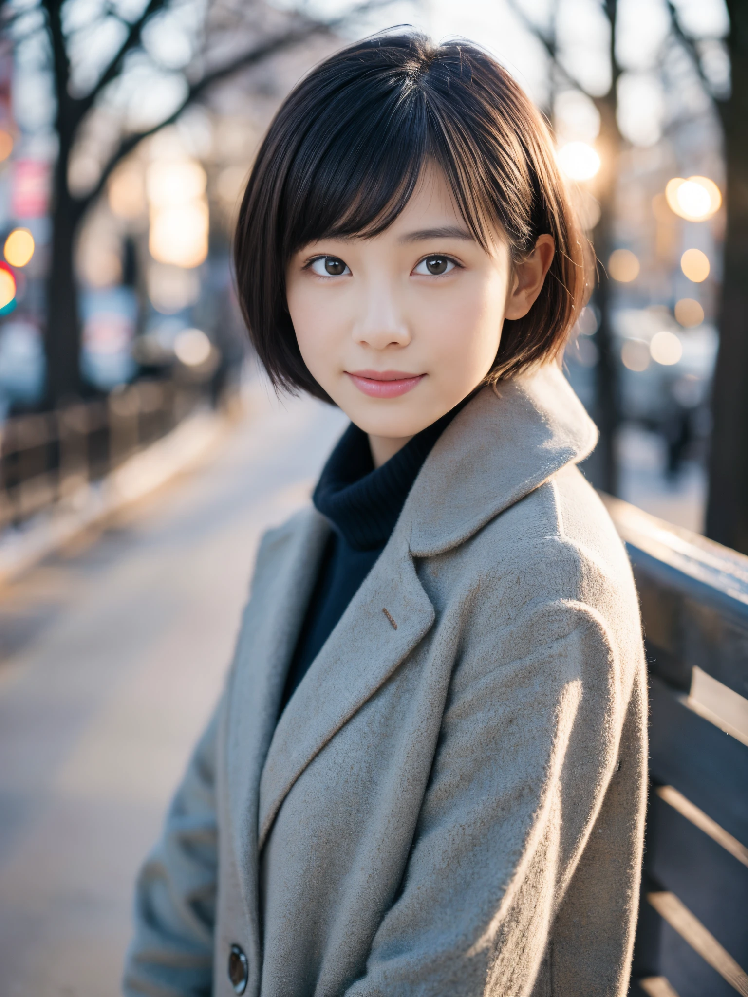 Photorealsitic, 8K, Full body portrait, Beautuful Women, A charming expression, Shorthair, sixteen years old, TOKYOcty, Winters, Shibuya in the background