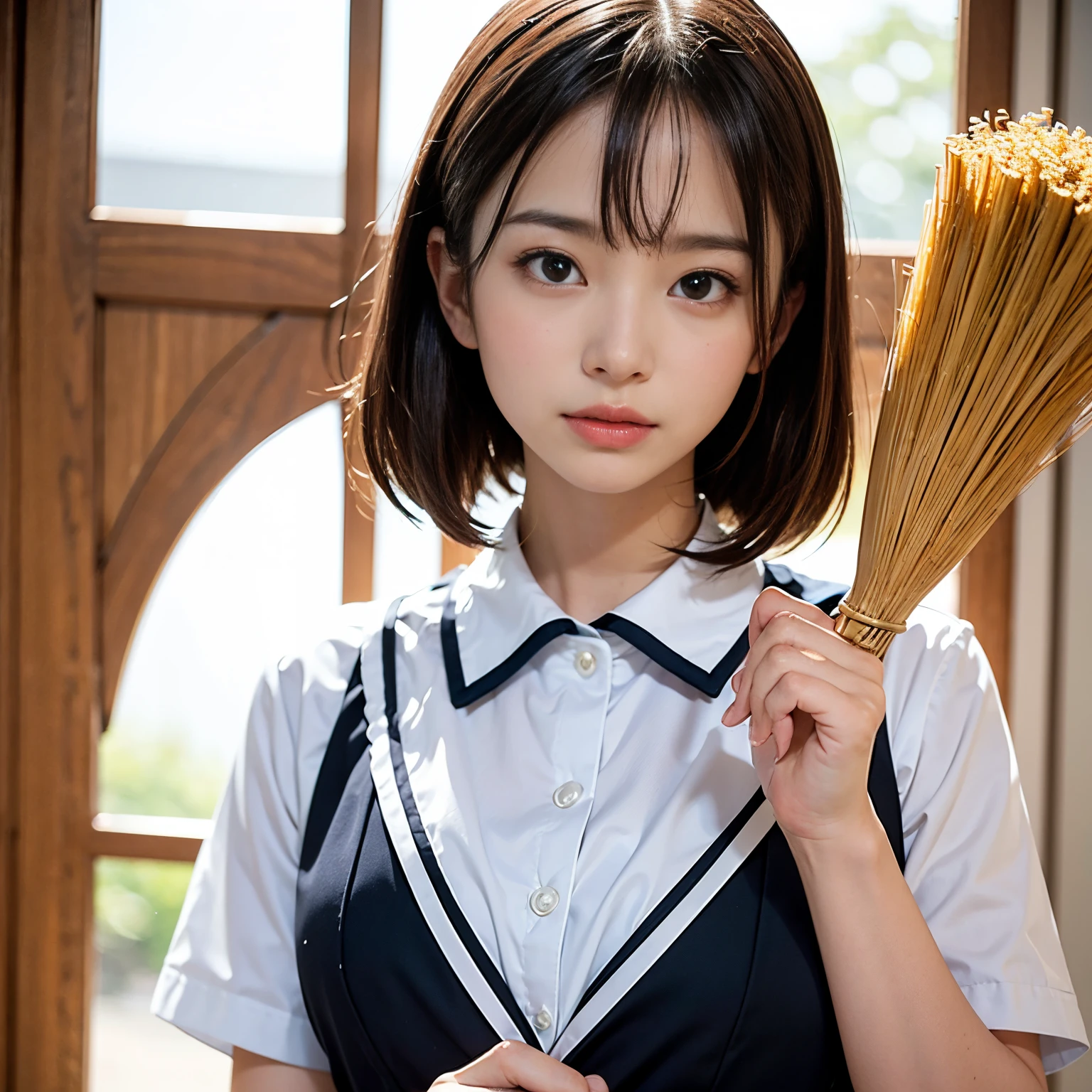 (masutepiece, Best Quality:1.2), 8K, Official art, Raw photo, Full Bord Bill Four、校服、Prepare a broom and a hob、Sweep away the landscape、Wear with a broom、Beautiful breasts are thin、14years、small tits、unbelievable Ridiculous, (Upper body、校服:1.4), Beautiful Girl, Pretty Face, arching back down,、Gold hair ornament on hair、close up, Sailor Suit, Short sleeve, violaceaess, , Looking at Viewer, Film grain, chromatic abberation, Sharp Focus, face lights, Dynamic lighting, Cinematic lighting, Eyes and faces with detailed, Bokeh background,