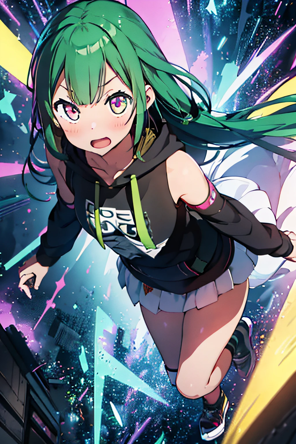 1girl), bottomless, anime style, polished and powerful look, huge breast, exotic, girl design, mara, portrait, giesha, anime image, with yellow green side tail long hair, showing shoulder, black and green punk hoodie, low angle, wide angle lens f/2.8, ultra insane high resolution intricate textures, texture indentation, perfect perspective, perfect geometry, ultra insane ambient lighting, ultra insane ambient shadows, luminism, tessellation, maximalism, perfectionism, IPA Award wining masterpiece, full body, dynamic composition, atmospheric perspective, impressionistic, extremely detailed CG, extremely detailed wallpaper, (vivid colors), cinematic lighting, (colorful), blush