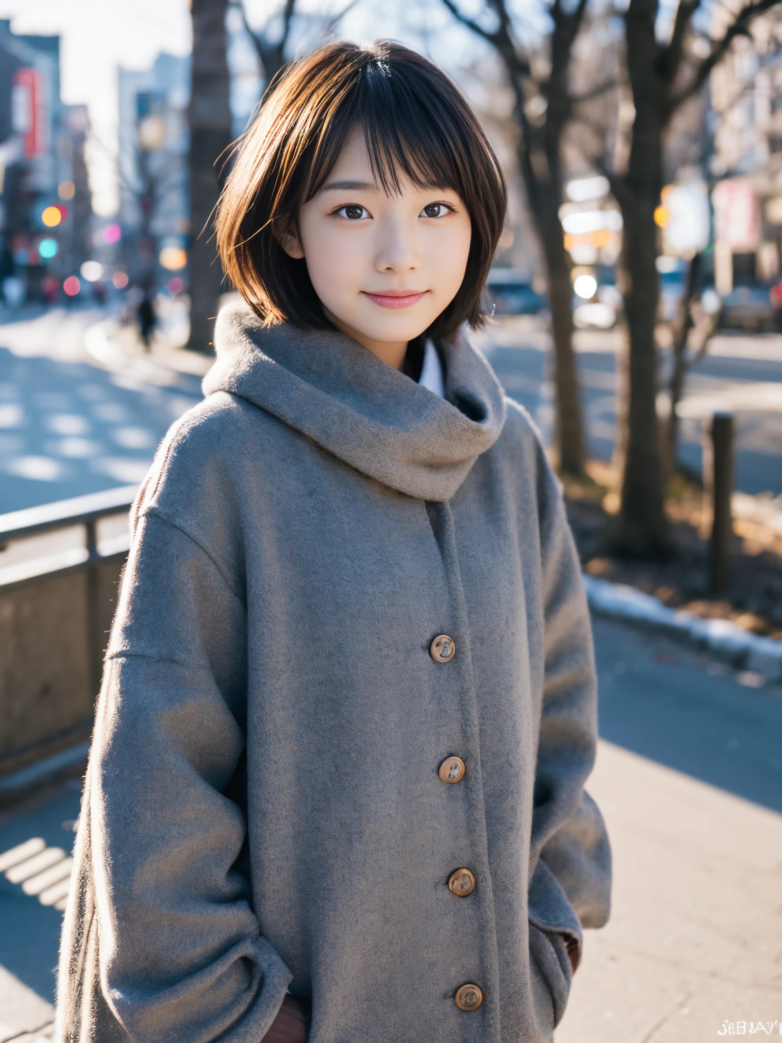Photorealsitic, 8K, Full body portrait, Beautuful Women, A charming expression, Shorthair, sixteen years old, TOKYOcty, Winters, Shibuya in the background