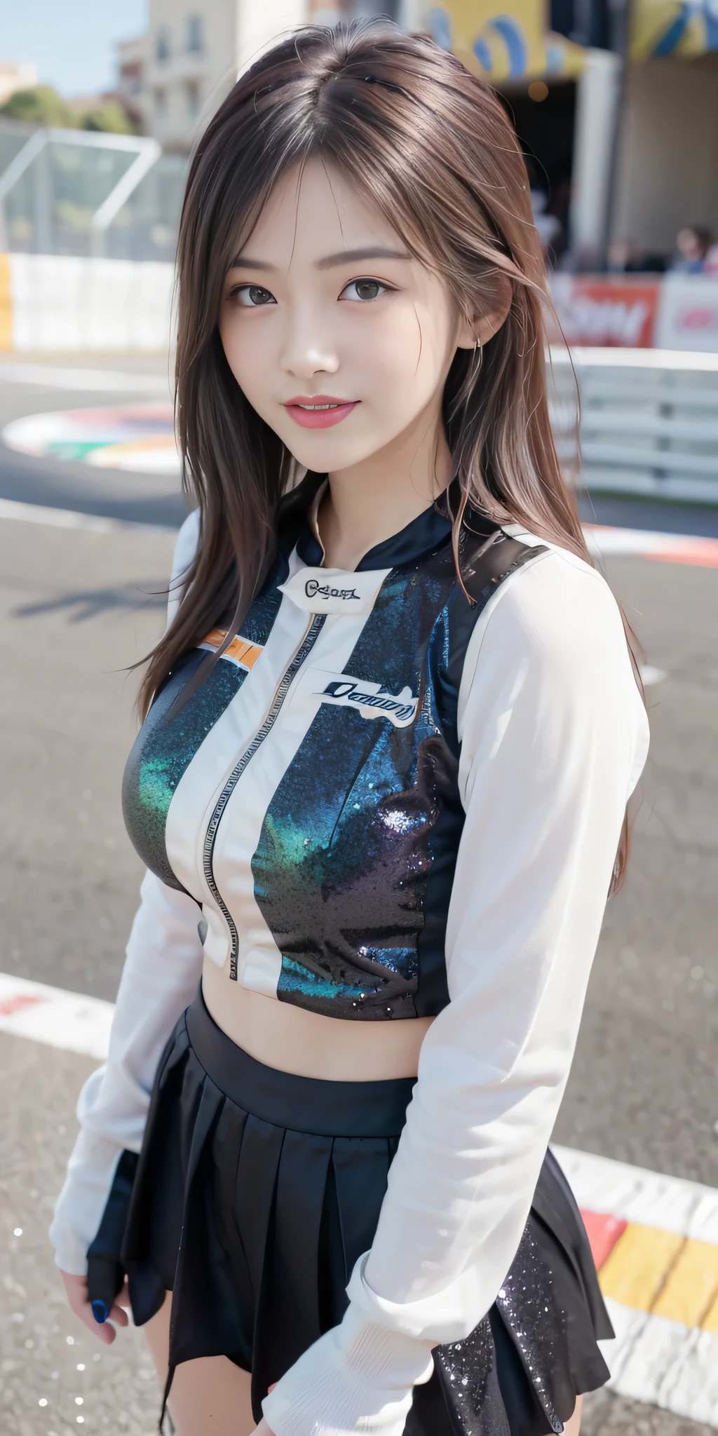 (8K, Raw photo, Best Quality, masutepiece:1.2), (Realistic, Photorealsitic:1.37), 超A high resolution, 1girl in, 18 years old, (Idol:1.4), (famous actress :1.4), (beautifull detailed face:1), bangle tea color floating hair), Skin Dentation, Light makeup, (Beautiful big breasts:1.3), (gleaming skin:1.1), Shiny skin, long limbs, slim, hanging breasted:1.3, Narrow waist, medium hips, thin legs, slim thigh, Dynamic lighting, Sexually suggestive faces, Glossy texture, lip stick, V-shaped eyebrows, v-line jaw, Looking at Viewer, (Long hair:1.face perfect:1.4), ((heavy wind)), Flowing hair, audience, (Smile:1.3), blue-sky, (((Monte Carlo Street Circuit))), (((racing car))), (((Racing Bikes))), ((Promotion Girl:1.3)), ((Grid Girl:1)), Pink lip, Light makeup, (Detailed promotional costumes are intricately worn:1.10), lace-up boots, cropped tops, (Tube Top Bra:1), knee high, (((Nylon long sleeve jacket with many logos))), ((Nylon knee length long skirt)), (nylon glitter pleated skirt), small ass, ((Promotional wear with logo)), (((orange and white glitter promotional wear))), Fingerless gloves, A dark-haired, Brown hair, Red hair, Blue eyes, (Dynamic Angle), Walking, bending forward, audience,