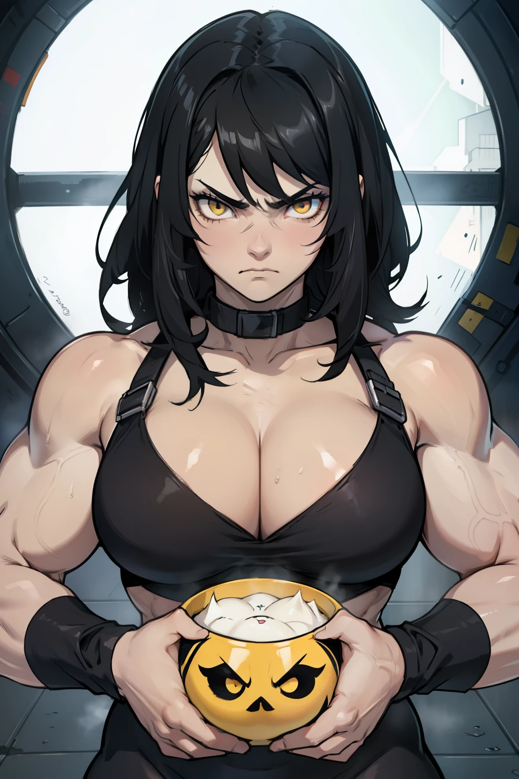 black hair yellow eyes pale skin large breasts ((thick)) (((muscular girl))) sad frown