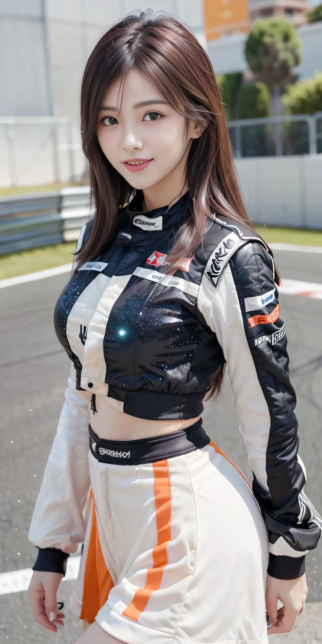 (8K, Raw photo, Best Quality, masutepiece:1.2), (Realistic, Photorealsitic:1.37), 超A high resolution, 1girl in, 18 years old, (Idol:1.4), (famous actress :1.4), (beautifull detailed face:1), bangle tea color floating hair), Skin Dentation, Light makeup, (Beautiful big breasts:1.3), (gleaming skin:1.1), Shiny skin, long limbs, slim, hanging breasted:1.3, Narrow waist, medium hips, thin legs, slim thigh, Dynamic lighting, Sexually suggestive faces, Glossy texture, lip stick, V-shaped eyebrows, v-line jaw, Looking at Viewer, (Long hair:1.face perfect:1.4), ((heavy wind)), Flowing hair, audience, (Smile:1.3), blue-sky, (((Monte Carlo Street Circuit))), (((racing car))), (((Racing Bikes))), ((Promotion Girl:1.3)), ((Grid Girl:1)), Pink lip, Light makeup, (Detailed promotional costumes are intricately worn:1.10), lace-up boots, cropped tops, (Tube Top Bra:1), knee high, (((Nylon long sleeve jacket with many logos))), ((Nylon knee length long skirt)), (nylon glitter pleated skirt), small ass, ((Promotional wear with logo)), (((orange and white glitter promotional wear))), Fingerless gloves, A dark-haired, Brown hair, Red hair, Blue eyes, (Dynamic Angle), Walking, bending forward, audience,