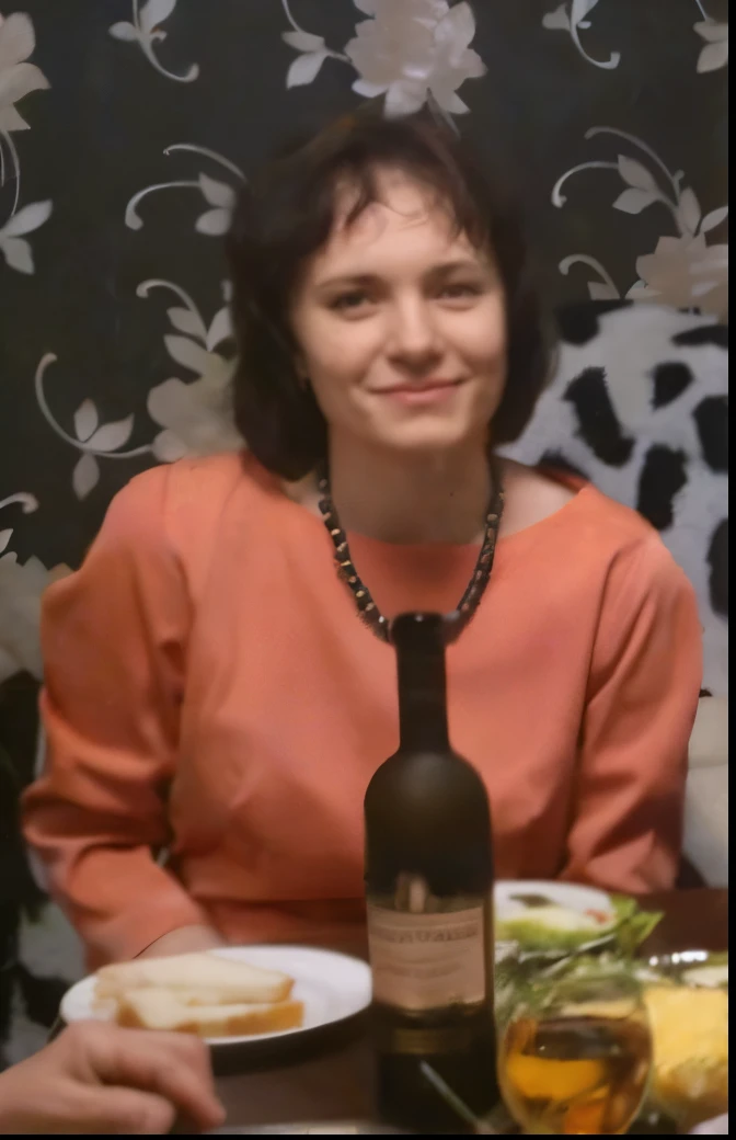There is a woman sitting at a table with a bottle of wine - SeaArt AI