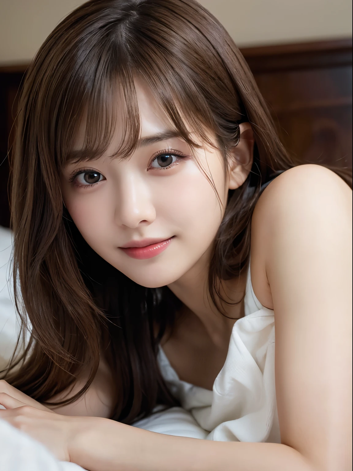 (highest quality、table top、8K、best image quality、Award-winning work)、one beautiful woman、Shining beautiful skin、Shiny ultra-high definition skin、(accurate anatomy:1.1)、A gentle smile looking at me、(Photo from the waist up:1.1)、Standing gracefully、(Blurry and simple background:1.3)、portrait photography、(draw softly and smoothly:1.1)、very romantic、光を受けてShining beautiful skin、(The most moody and romantic warm lighting:1.1)、(the most detailed and perfect face:1.1)、(The most detailed sparkling eyes:1.1)