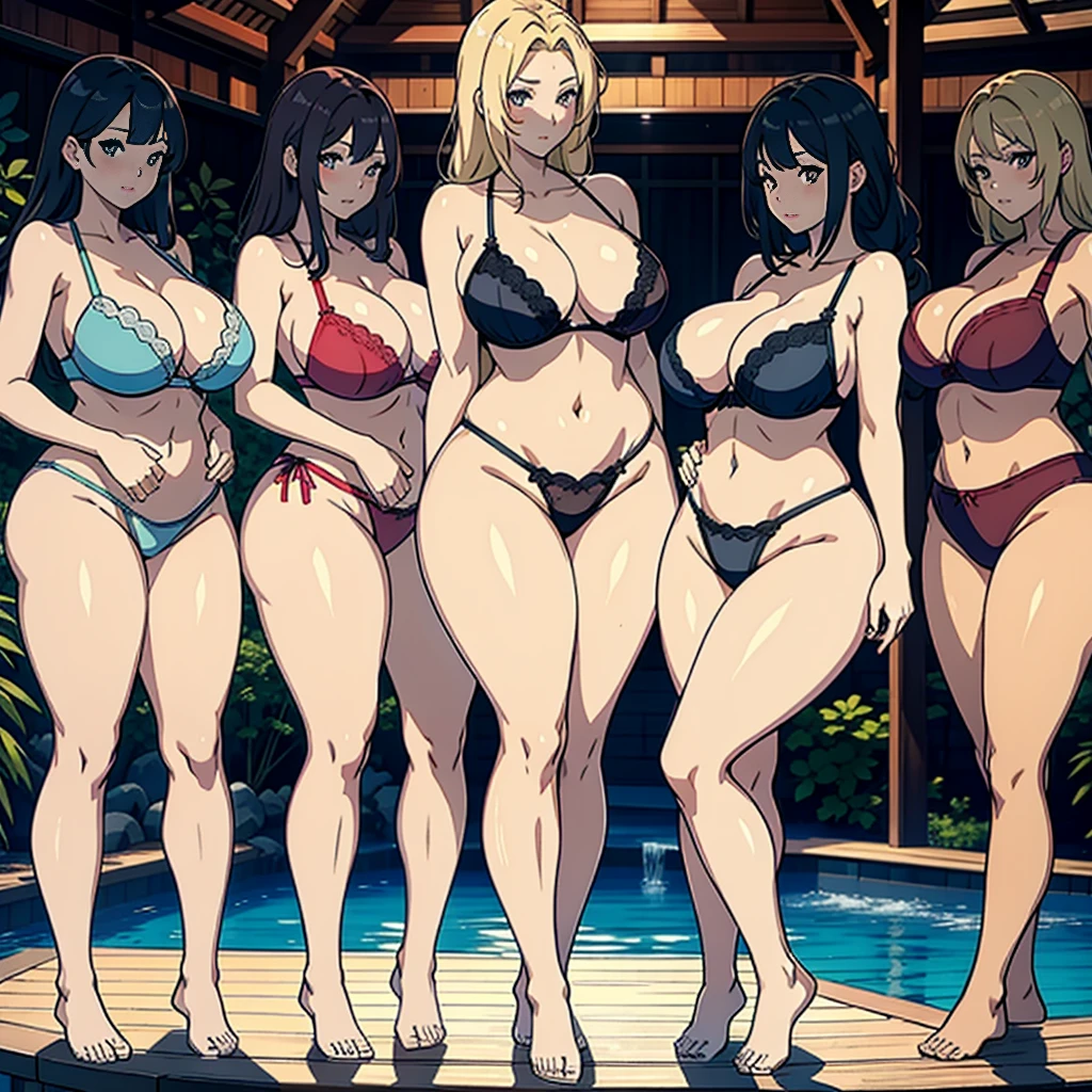 multiple thick body females standing in a line all wearing different styles of just bra and panties, all wearing swimsuit cover ups, dress expose bra, lifting skirt expose panties, (show panties), different colors bra and panties, standing by pool in onsen, full body view, faces rednered high quality. back view, bend at the hips with butt to camera, looking at camera over the shoulder look with breast partially showing,