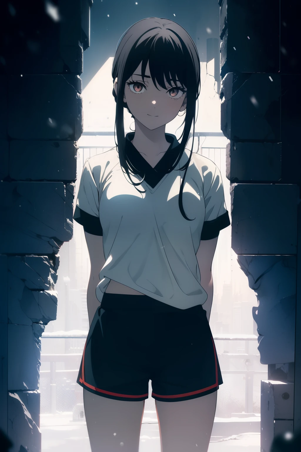 (((Obra maestra, La mejor calidad, ultrahigh resolution))), (((a girl in a Japanese gym uniform, blue Japanese ladies gym shorts, standing confidently, weilding a tennsis racket))), (((black hair, dark black hair))), long hair cut, pale skin, ((brown eyes)), glowing_eyes, neon eyes, (ultra detailed eyes:0.7, beautiful and detailed face, detailed eyes:0.9), ((centered)), ((cute smile, pretty)), facing viewer, eye level, ((vibrant background, snowy landscape, cityscape, snowing)), flat chested, looking at viewer, ((half closed eyes)), ((perfect hands)), (((head:1, arms, hips, elbows, in view))), ((hands behind back)), empty eyes, beautiful lighting, outside, outdoors, background, defined subject, 18 years old, (head tilt)