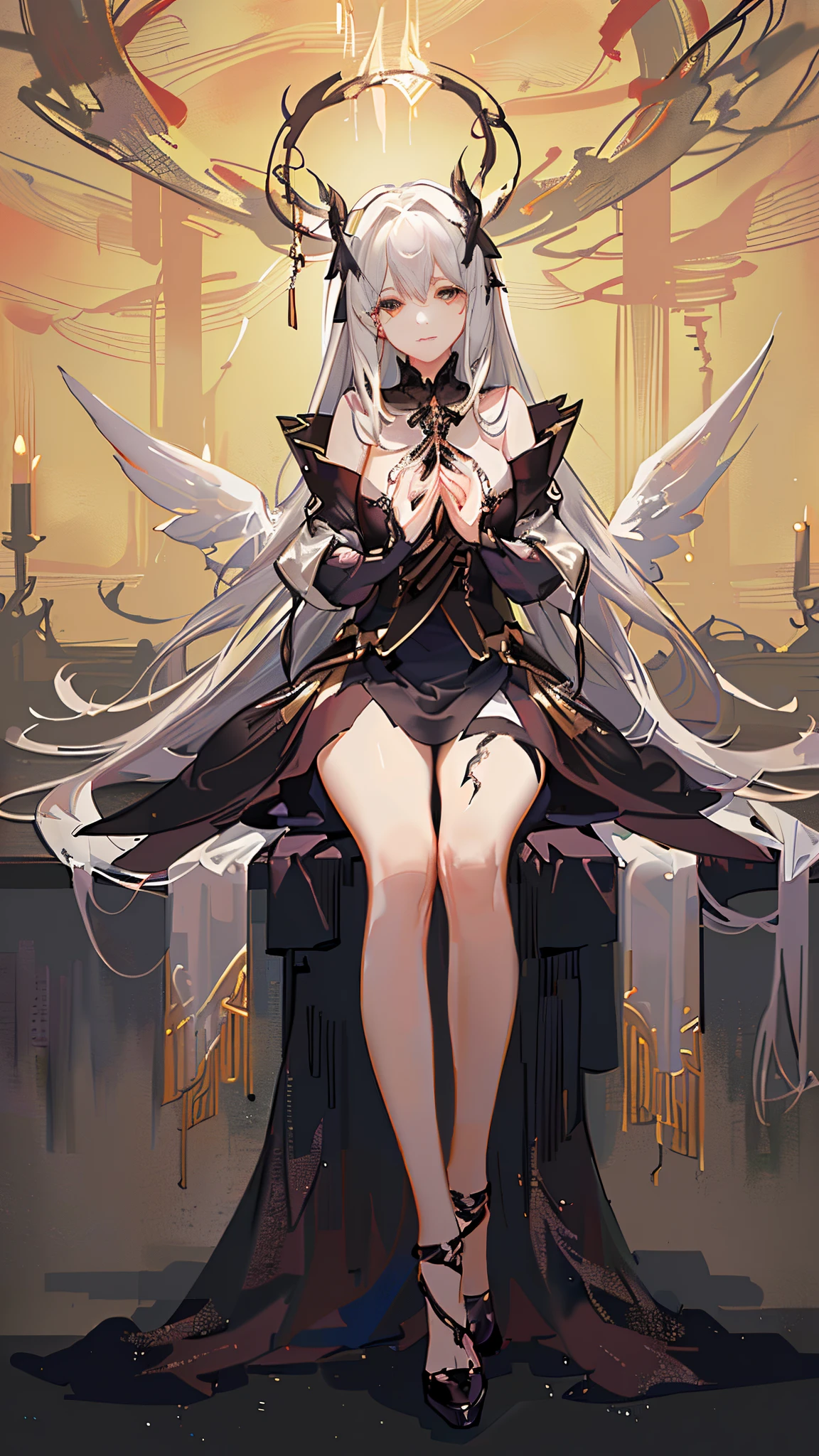 anime girl, long white hair, beautiful pastel pink eyes, wearing a stunning black dress, bare legs, good anatomy, sitting on a black throne, crossing her legs, good hands, , detailed, 8k, high resolution