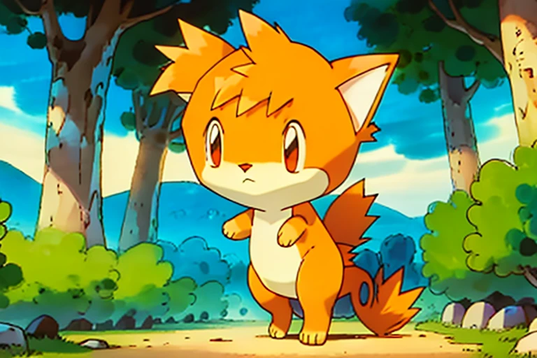 A very fluffy, static electric white cat with orangs ears and stripped orange tail. drawn like and electric type Pokémon. The background is a forest path.