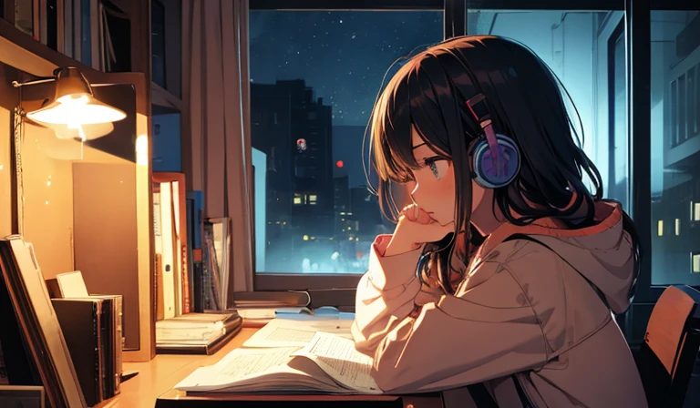 night time, a girl study infront of desk wearing headphone focus on reading book, lofi art, side view portrait
