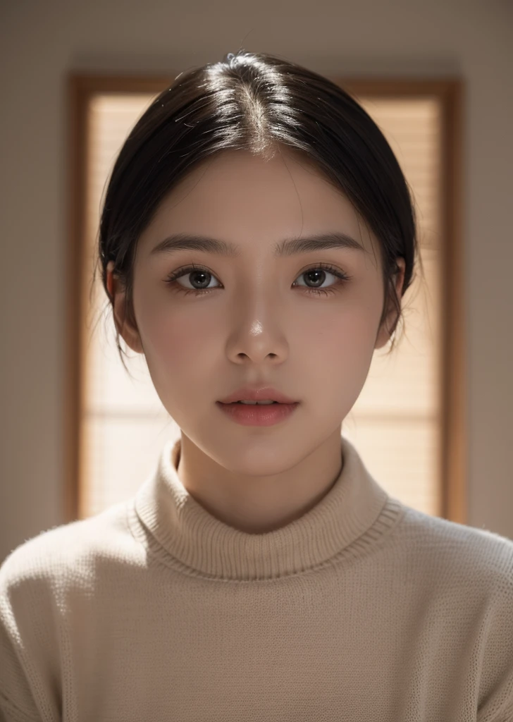 (masterpiece:1.3), (8k, photorealistic, RAW photo, best quality: 1.4), (1girl), beautiful face, (realistic face), (black hair, short hair:1.3), beautiful hairstyle, realistic eyes, beautiful detailed eyes, (realistic skin), beautiful skin, (sweater), absurdres, attractive, ultra high res, ultra realistic, highly detailed, golden ratio