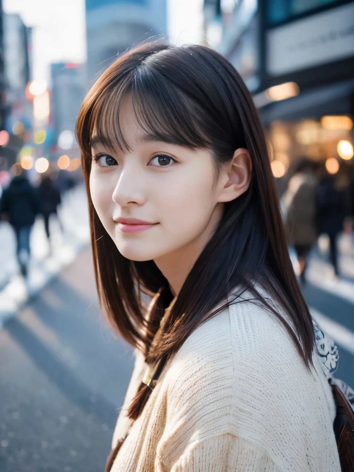 Photorealsitic, 8k full-length portraits, Beautuful Women, A charming expression, , TOKYOcty, Winters, Shibuya in the background