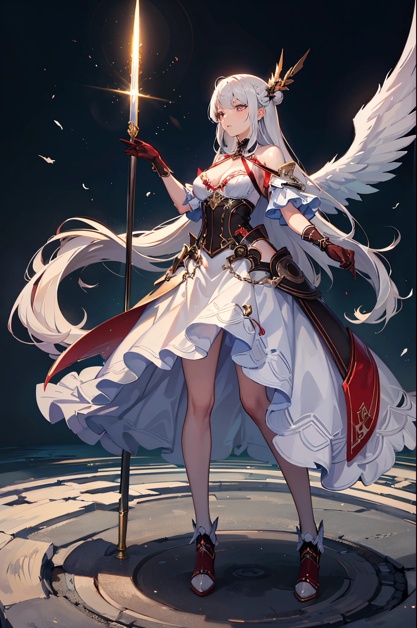 ((16K image quality,ultra-definition、The highest masterpiece,Best Quality)), maxiskit, Mysterious outfit 1 girl, 独奏, Full body, wide shoot, Graceful standing, Raise your sword, White hair, Long hair, valkyrie, (White and Red theme,) Angel, White bra, side bun, from the front side, extra size body, Night, mont, look at viewr