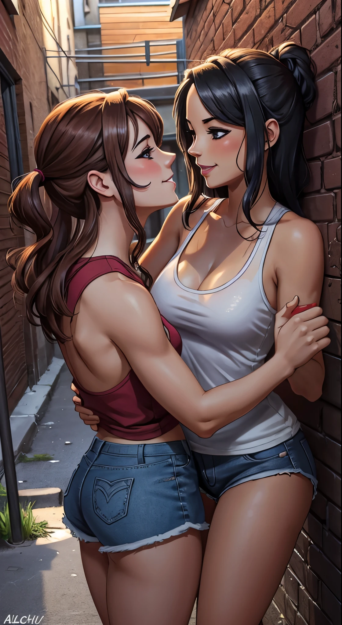 Two women having fun in a back alley, lewd: 1,2, : 1,2, NSFW: 1,2, lesbian micah: 1,2, grabbing each other's ass, kissing, blushing, wet sleeveless t-shirt, shorts, anatomically correct