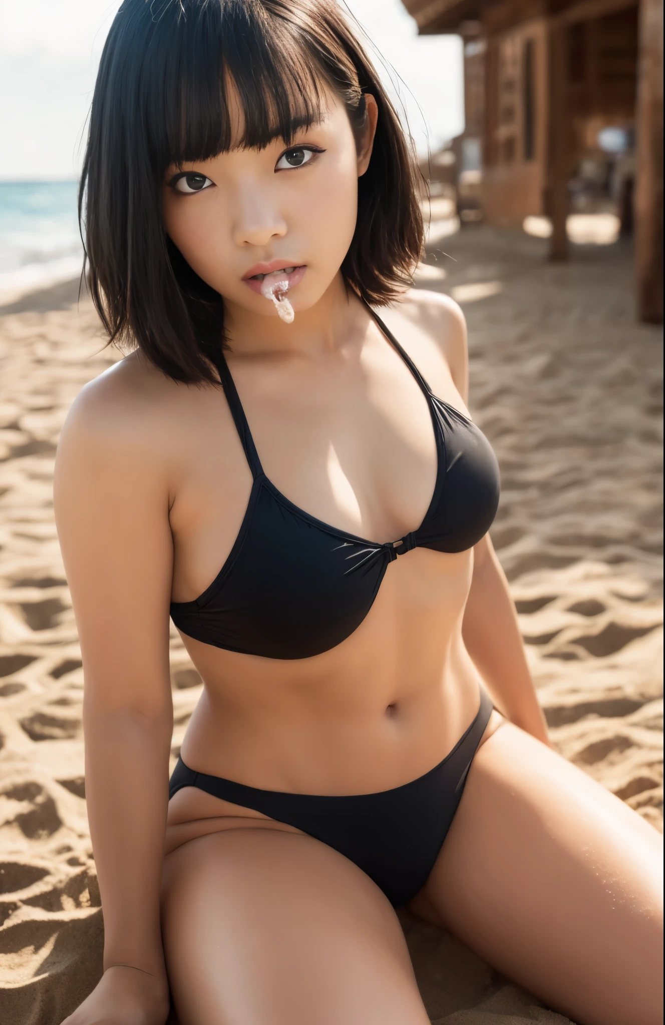 ((Best Quality, 8K)), Beach, Beautiful Girl, Cinema Lighting, Idol, Japan Person, Looking, Black Eyes, Small, Black Hair, Short Hair, No Makeup, Detailed Skin, Sexy, Sucking Banana, Cute Face, Detailed Eyes, Bikini, Background Blur