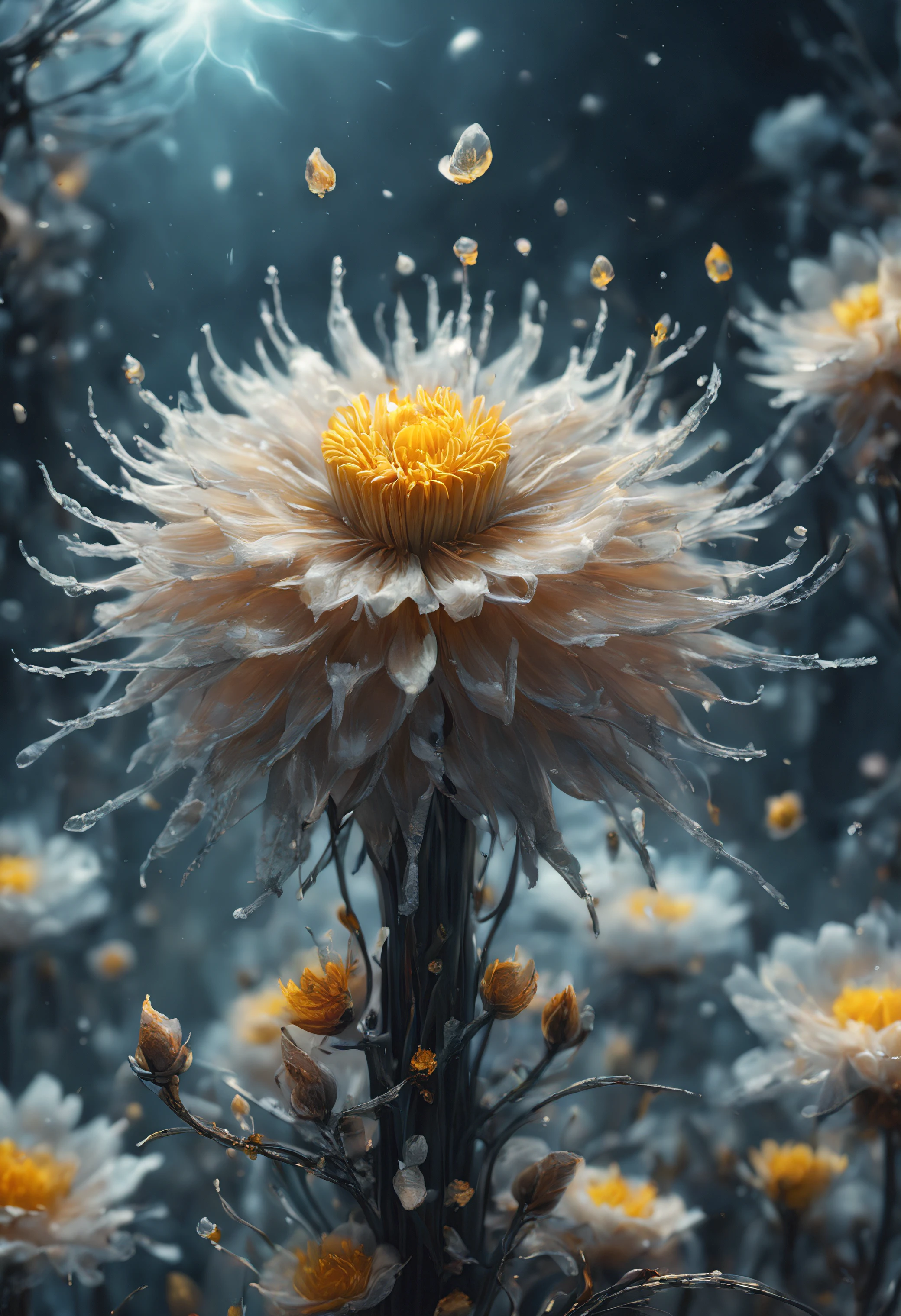 (((intricate detail:1.4))), (((extremely insane detail:1.4))),(((highest quality:1.3))), (((Soft colors 4k highly detailed digital art:1.3))). | Close up of delicate magical pollen in the cold icy wind, as magical pollen emits arcane lightning, each pollen detailed and rendered with a masterful gouache technique,surrounded by mysterious atmosphere of light and shadow art, shard everywhere, great environment, subtly illuminate,fantasy art behance,surreal, its beauty and strength captured,It gives a majestic aura.