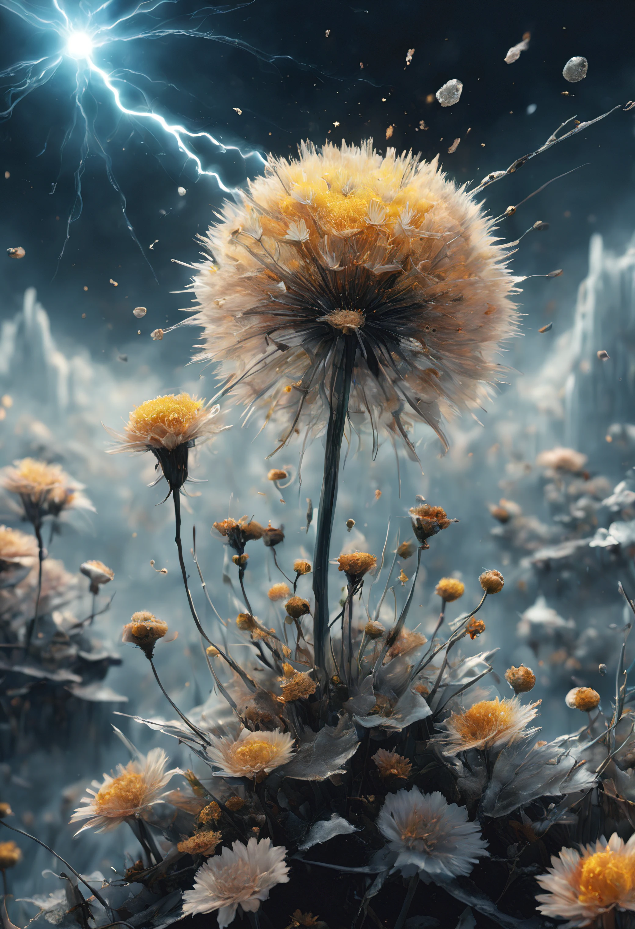 (((intricate detail:1.4))), (((extremely insane detail:1.4))),(((highest quality:1.3))), (((Soft colors 4k highly detailed digital art:1.3))). | Close up of delicate magical pollen in the cold icy wind, as magical pollen emits arcane lightning, each pollen detailed and rendered with a masterful gouache technique,surrounded by mysterious atmosphere of light and shadow art, shard everywhere, great environment, subtly illuminate,fantasy art behance,surreal, its beauty and strength captured,It gives a majestic aura.