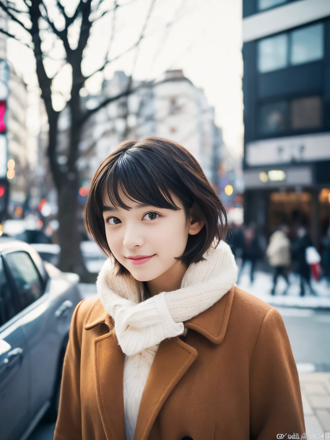 Photorealsitic, 8K, Full body portrait, Beautuful Women, A charming expression, Shorthair, sixteen years old, TOKYOcty, Winters, Shibuya in the background