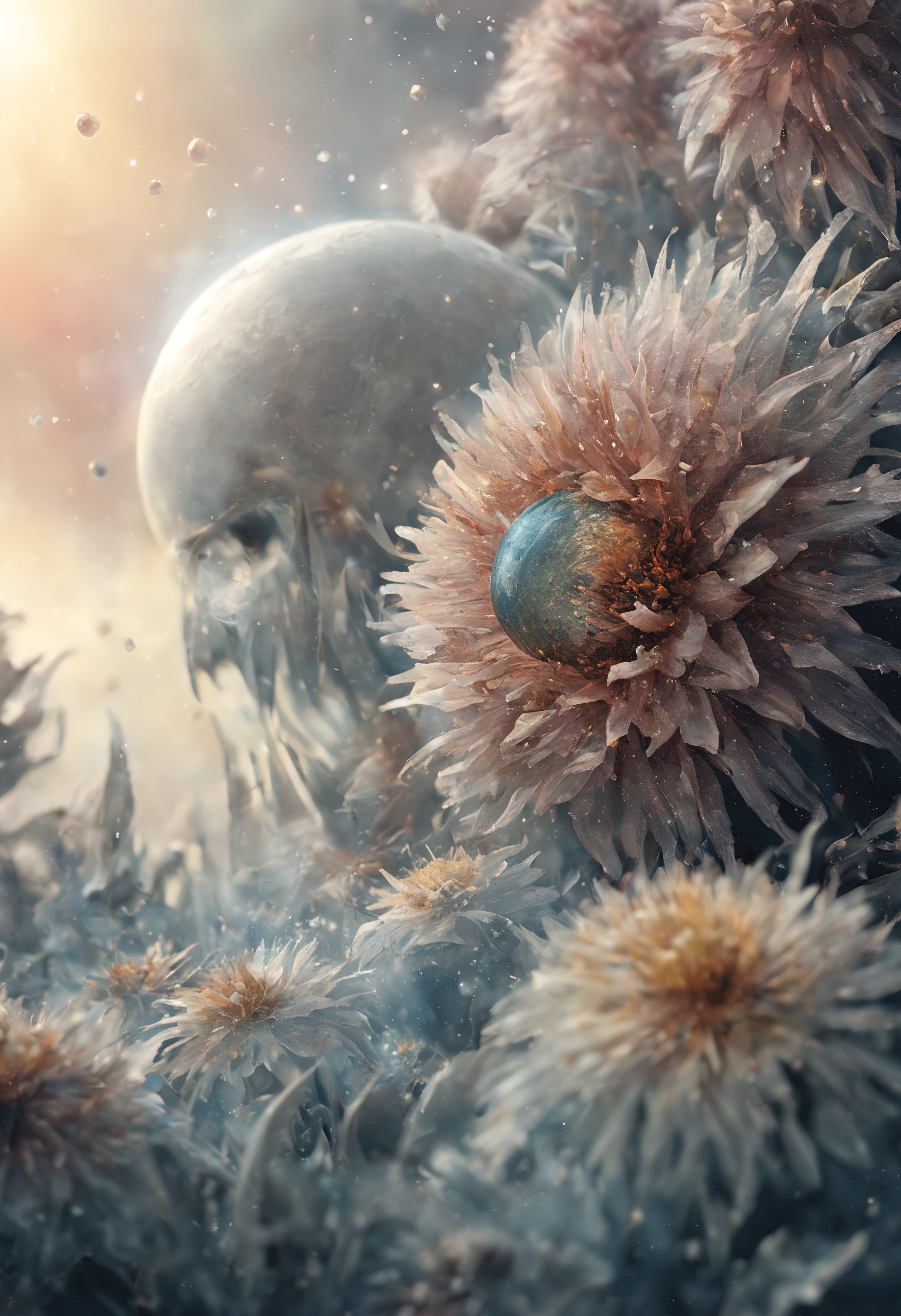 (((intricate detail:1.4))), (((extremely insane detail:1.4))),(((highest quality:1.3))), (((Soft colors 4k highly detailed digital art:1.3))). | Close up of delicate magical pollen in the cold icy wind, as magical pollen emits arcane lightning, each pollen detailed and rendered with a masterful gouache technique,surrounded by mysterious atmosphere of light and shadow art, shard everywhere, great environment, subtly illuminate,fantasy art behance,surreal, its beauty and strength captured,It gives a majestic aura.