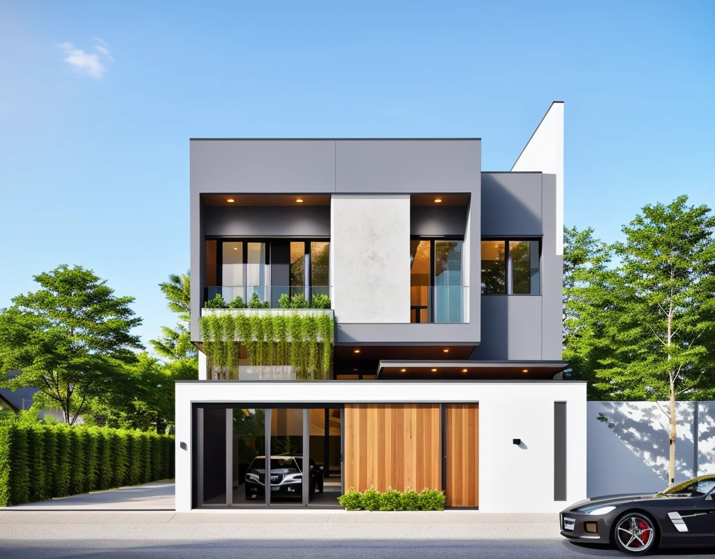 1 modern style house, white painted walls, granite walls, dark gray aluminum doors, dark gray aluminum windows, tempered glass railings, steel frame fence doors, wood paneled fence walls, Car parked in front of the house, street in front of the house, daylight, sharp 8k quality images