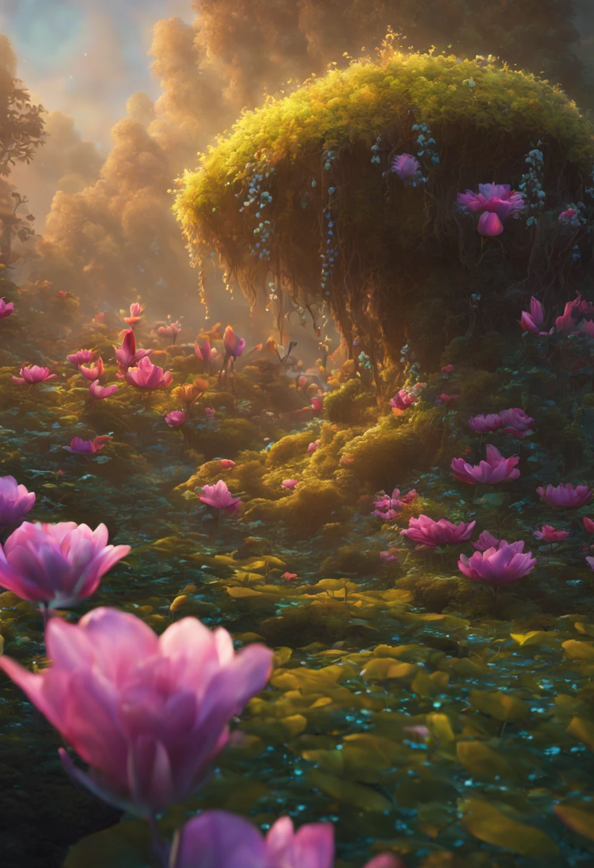 best quality,4k,8k,highres,masterpiece:1.2,ultra-detailed,realistic,photorealistic:1.37, HDR,UHD,studio lighting,ultra-fine painting,sharp focus,physically-based rendering,extreme detail description,professional,vivid colors,bokeh, fantasy, enchanted forest, vibrant flora, luminous flowers and leaves, sparkling dewdrops, shimmering petals, magical vines and branches, ethereal glow, enchanting atmosphere, mystical colors, whimsical elements, dreamlike setting, surrealistic scenery, mesmerizing plants, otherworldly beauty, surreal color palette, soft and diffused lighting, enchanted essence, breathtaking blossoms, otherworldly foliage, magical botanical abode, ethereal garden, mythical plants, fantastical flowers