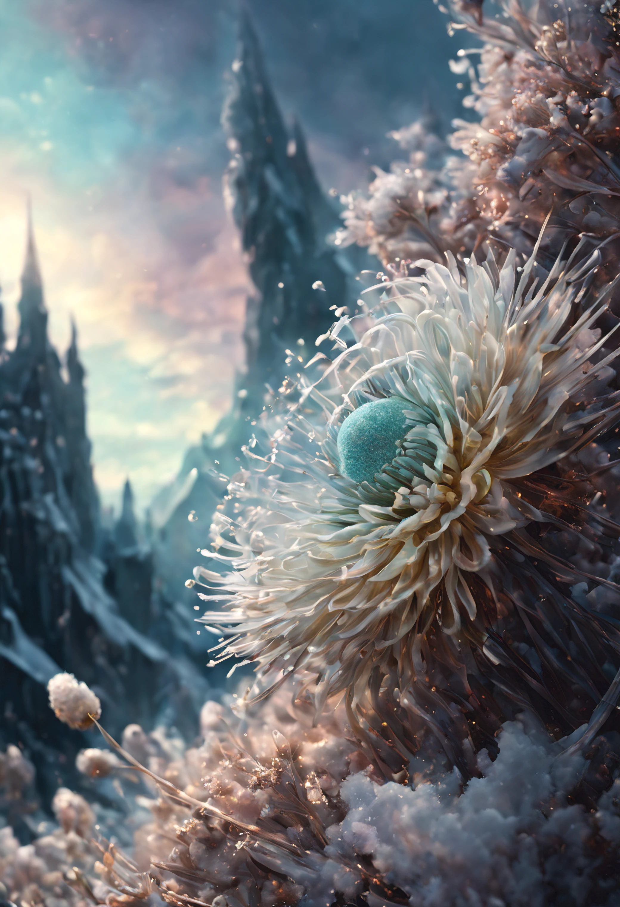 (((intricate detail:1.4))), (((extremely insane detail:1.4))),(((highest quality:1.3))), (((Soft colors 4k highly detailed digital art:1.3))). | Close up of delicate magical pollen in the cold icy wind, as magical pollen emits arcane lightning, each pollen detailed and rendered with a masterful gouache technique,surrounded by mysterious atmosphere of light and shadow art, shard everywhere, great environment, subtly illuminate,fantasy art behance,surreal, its beauty and strength captured,It gives a majestic aura.