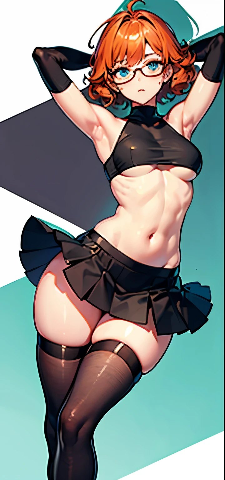 1 girl, solo, anatomically correct, short hair, messy hair, very curly hair, very messy hair, orange hair, beautiful blue eyes, nerdy glasses, medium sized boobs, small waist, wide hips, hourglass figure, Juicy thighs, very juicy thighs, wearing a black short sports bra, sideboob, cleavage, turtle neck sports bra, bare shoulders, bare arms, black mini skirt, sexy skirt, knees, stockings, stockings in both her legs, stockings squeezing her thighs, sexy pose, 8k, best quality