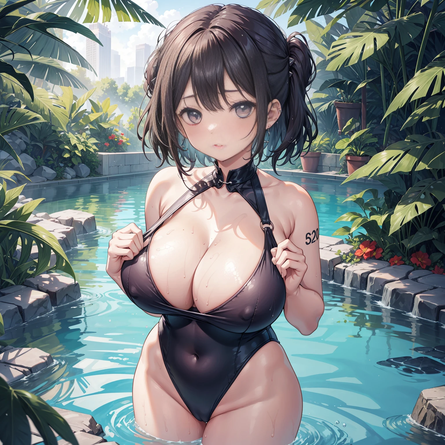 1 girl, watery big eyes*Su Jiushui*Wet hair*hair open*ear studs*swimmingpool>,, Low RA:Add to_the detail:1,one piece swimsuit,极其humongous large breast,Bigchest,Plump body,humongous large breast,standing back ,,magnanimous