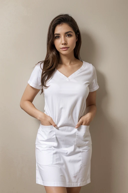 35 year old doctor, hiperrealista, fotografia profesional, vestida de rosa con bata, mexicana, delgada, bata blanca sobre su ropa casual, foto de frente, foto profesional brazos cruzados y arriba de la cintura, lleva ropa formal, fondo blanco de la fotografia de estudio, enfermera en scrub, ropa de oficina