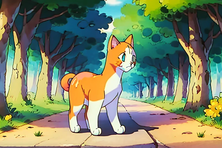 A very fluffy white cat with orangs ears and stripped orange tail. He has static electricity coming off his tail. drawn like and electric type Pokémon. The background is a forest path.