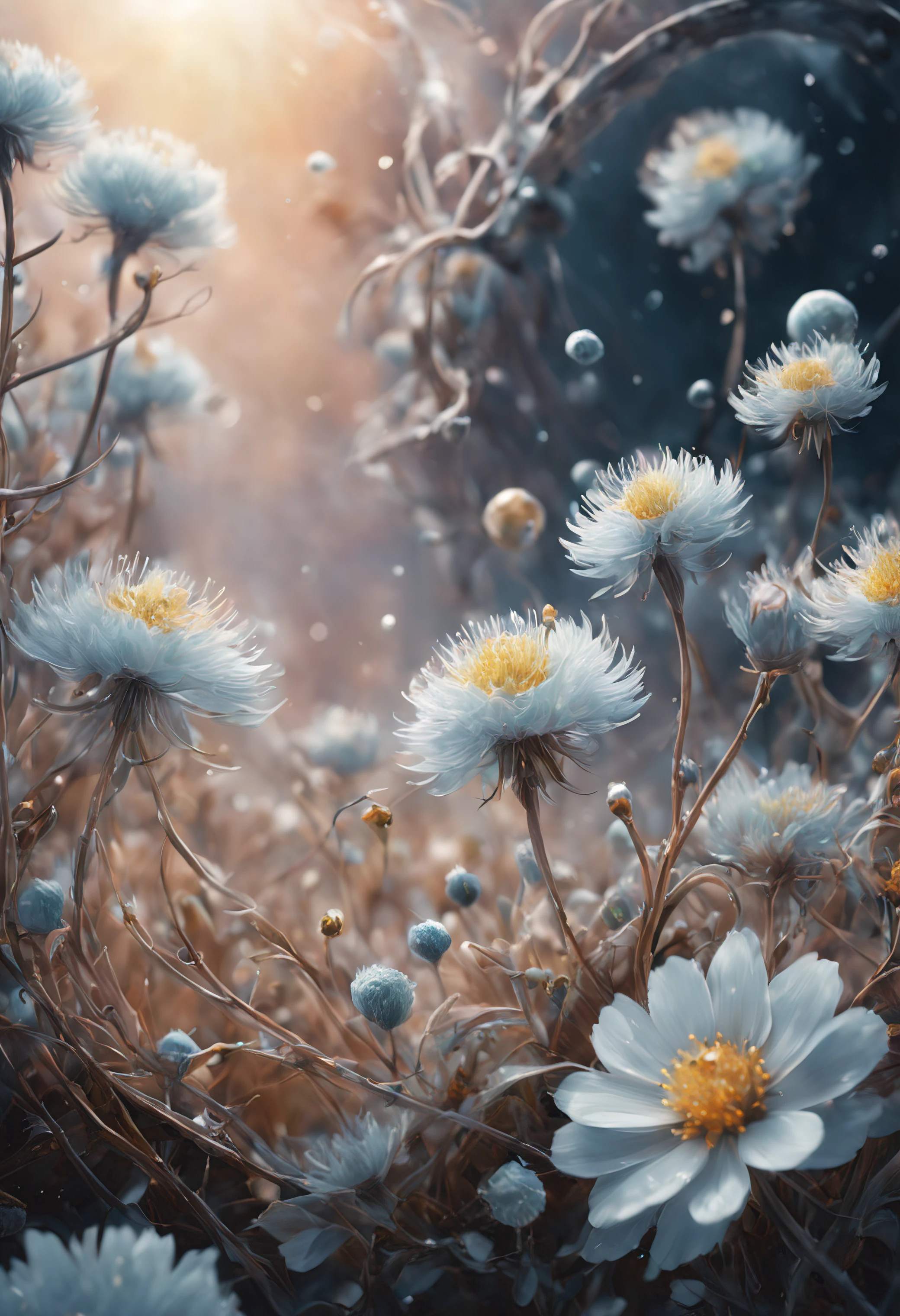 (((intricate detail:1.4))), (((extremely insane detail:1.4))),(((highest quality:1.3))), (((Soft colors 4k highly detailed digital art:1.3))). | Close up of delicate magical pollen in the cold icy wind, as magical pollen emits arcane lightning, each pollen detailed and rendered with a masterful gouache technique,surrounded by mysterious atmosphere of light and shadow art, shard everywhere, great environment, subtly illuminate,fantasy art behance,surreal, its beauty and strength captured,It gives a majestic aura.