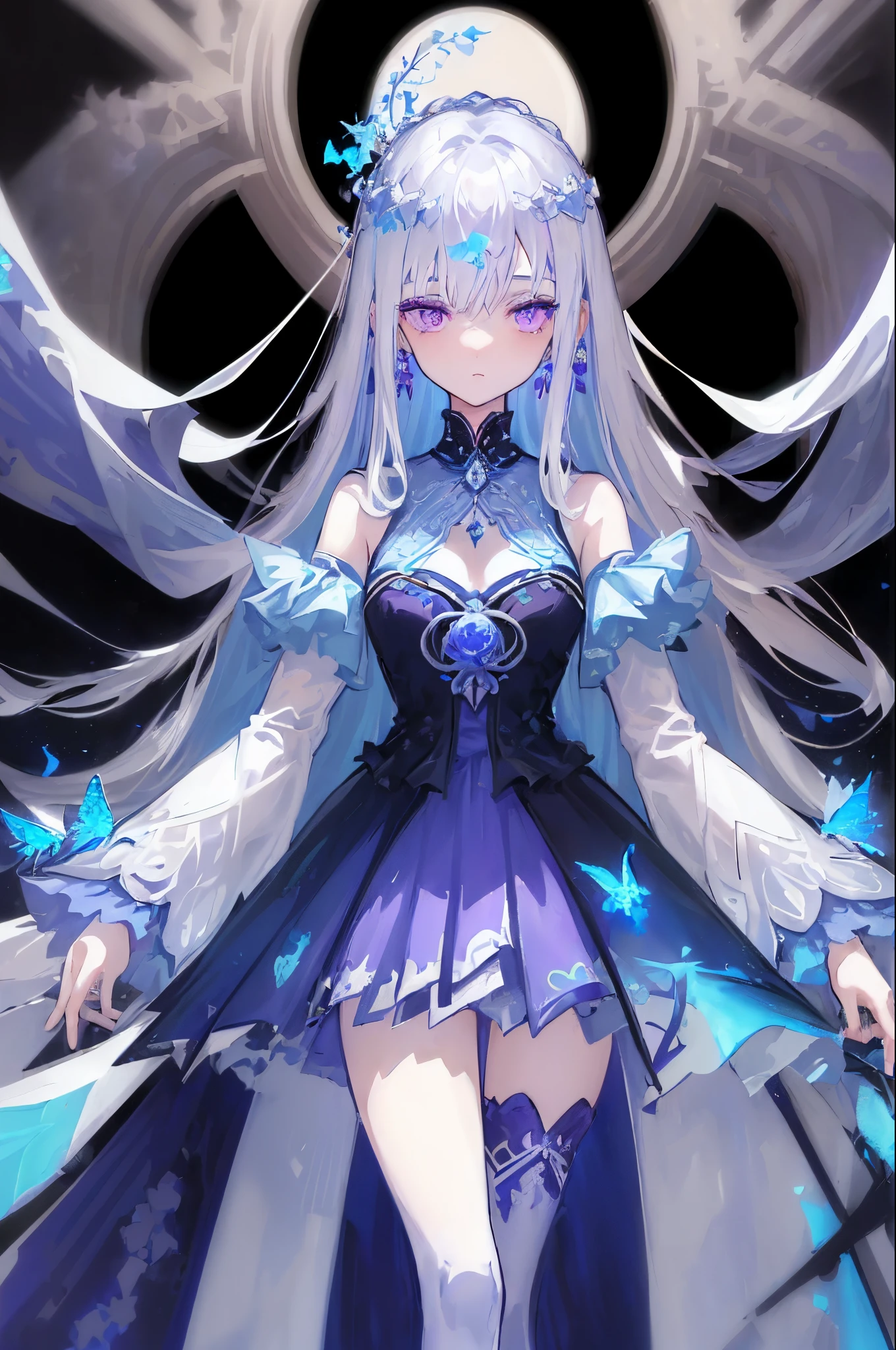 (masutepiece, Best Quality: 1.4), Detailed background, White Crystal, Crystal Cluster, Long hair, Jewelry, earrings, Necklace, diadems, bride, White hair, Halo, (looking-down), Dynamic Angle, ultra-detailliert, Illustration, close up, Look, 1girl in, (Fantasy: 1.4), (Purple eyes: 1.233), Her eyes shine like dreamy stars, (gloweyes: 1.233), (beautiful and delicate eyes: 1.1), (Silver hair: 1.14), (hair messy, Very long hair, french braids, Hair between the eyes, side hair), (+(Blue-haired flowers: 1.14)), (Chiffon dress, uniform blue floral pattern)/= (Military uniform: 1.24), (split sleeves, wide sleeveless gloves), Choker, (miko thighhighs), high heel boots compressionless, Shut up), (Standing), (Classic princess boudoir with dresser、floor-to-ceiling windows、White ancient palace), (white blossoms, Blooming), (Deep sea), (flowingwater), (Azure World Tree:1.14),(Ruins),(Night:1.2),Dreamy,souls,(fluorescent),(flying translucent blue butterflies:1.15),[Delicate fingers and hands:0.55]::0.85], (Finger Detail), (yubao:0.5)
