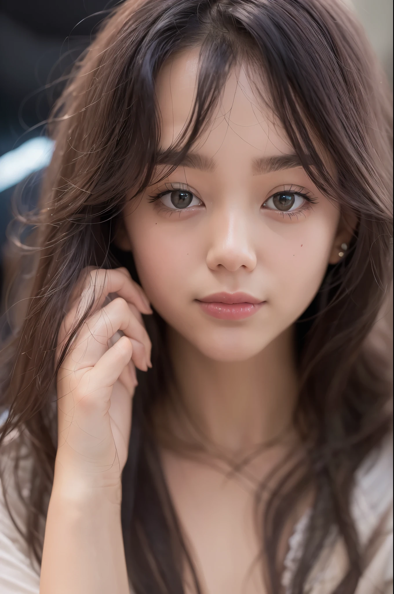 (Raw photo, Best Quality), (Realistic, Photorealsitic:1.3), masutepiece, extremely delicate and beautiful, Extremely detailed, nffsw, Unity, 8K, amazing, finely detail, Ultra-detailed, hight resolution, absurderes, Soft light, (Black hair, Short hair, Curly hair, hair messy, Bangor Tiful Detail Girl, Detailed fingers, extremely detailed eye and face, beautiful detailed nose, Beautiful detailed eyes, (Light on Face), Looking at Viewer, (Closed mouth:1.2), 1girl in, Cute, 年轻, Mature Face, pale skin, (Half body:1.3, sittingium'breastsout), Realistic face, Realistic body, beautiful detailed thigh, (ulzzang -6500-v1.1:0.6), Black shirt, (Semi-smile:1.3),cowboy shot