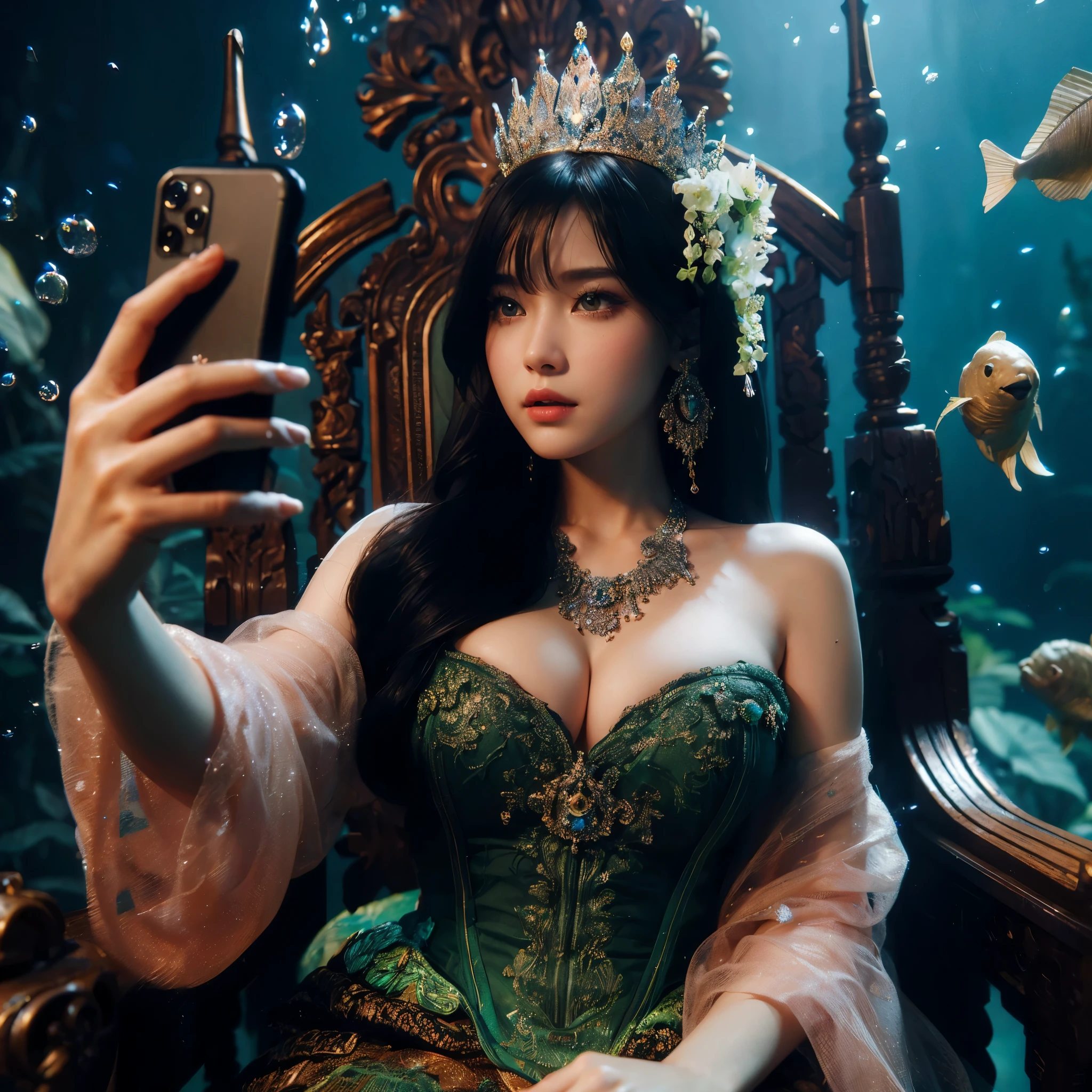 there is a woman in a green dress taking a picture of herself, sitting in her throne underwater, real photoshoot queen of oceans, portrait of mermaid queen, a beautiful fantasy empress, queen of the sea mu yanling, artwork in the style of guweiz, beautiful digital artwork, ((a beautiful fantasy empress)), 8k)), digital fantasy art ), (masterpiece, best quality:1.2),(8k,highres,RAW photo,realistic,photo-realistic:1.3),(detailed skin texture,detailed cloth texture,beautiful detailed face:1.25),professional lighting,photon mapping,beautiful soft light,radiosity,physically-based rendering,model shoot style, model shoot style, (extremely detailed CG unity 8k wallpaper), full shot body photo of the most beautiful artwork in the world, complex 3d render ultra detailed, looking at viewer, 18 yo, wet hair, real human skin, vibrant details, hyperrealistic, beautiful, octane render, 8k, best quality, masterpiece, an extremely delicate and beautiful, extremely detailed ,CG ,unity ,wallpaper, (realistic, photo-realistic:1.37),Amazing, finely detail, masterpiece,best quality,official art, extremely detailed CG unity 8k wallpaper ,extreme detailed eyes, (perfect face), shiny skin, colorful, highest detailed, vibrant colors, ultra high res, (high contrast), intricate, lens flare,