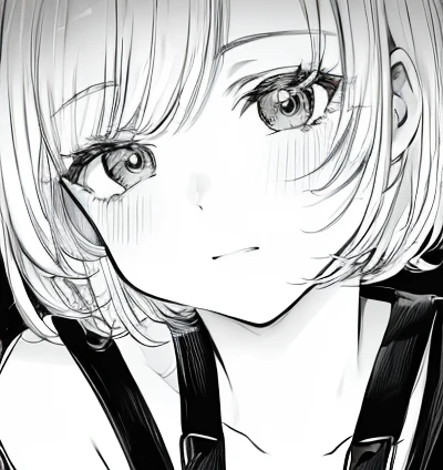 a drawing of a girl with a overalls, clean anime outlines, perfect lineart,  lineart, intense line art, clean lineart, detailed anime soft face, line art!!, thick lineart, lineart, outline sketch, anime style character, anime shading), clean detailed anime style,  shading, sharp lineart, short hair