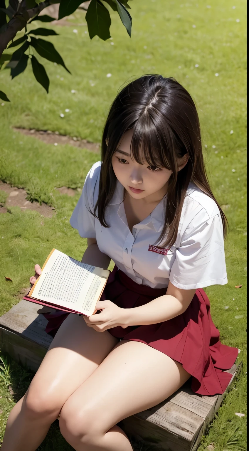 8K分辨率、Ultra-detailed CG footage、1girl in, japanese girl, (Sitting on the grass leaning against a tree, Reading a book, Knees together, Feet apart, up skirt, exposed vagina, (hairy:1.1), (Pubic hair:1.1), (view from front, low angles), Onepiece, Detailed, morning, Sunrise, High resolution, ultra-quality, Super masterpiece, Colored leaves,