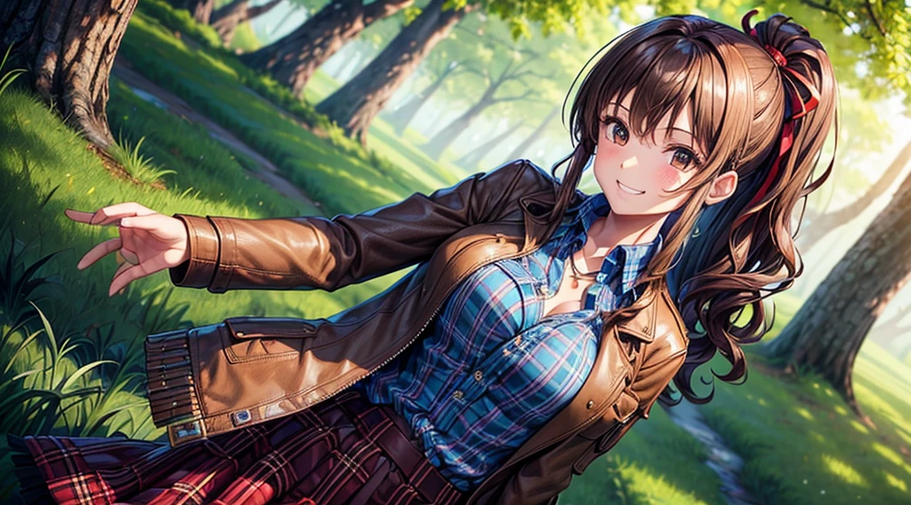 1girl, solo, village, trees, brown hair, long hair, curly hair, ponytail, large breasts, button down shirt, ((blue checked shirt)), ((unbuttoned shirt)), brown eyes, ((opened brown zipper jacket)), leather jacket, red and black skirt, grin, looking at the viewer, standng, hair ribbon
