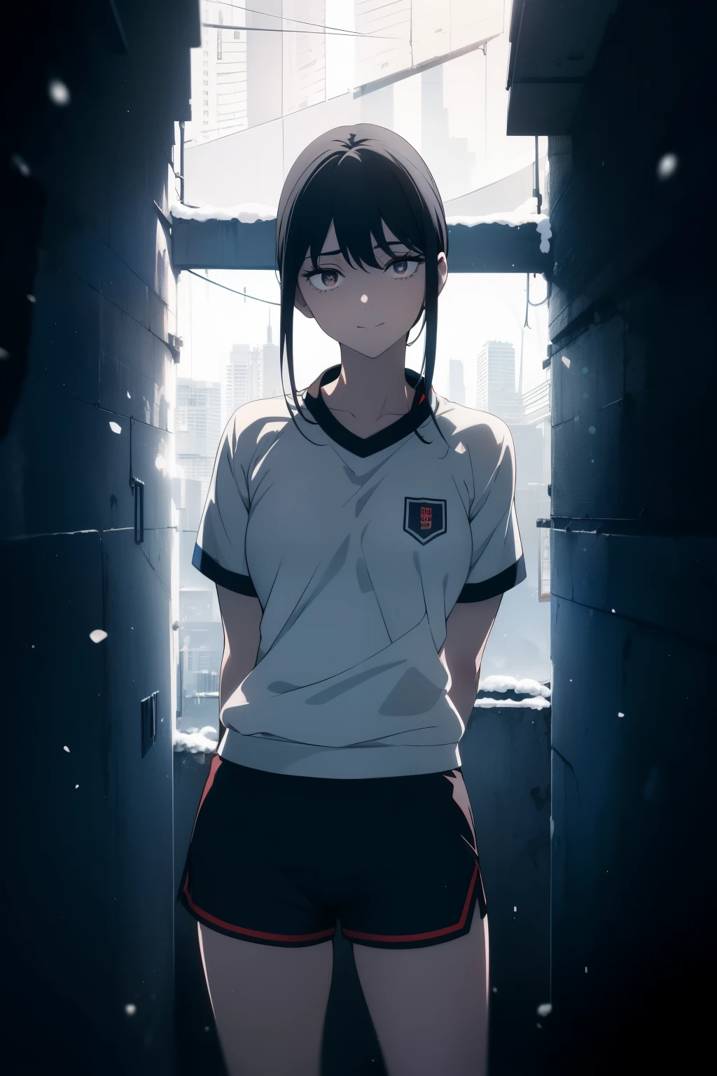 ((Obra maestra, La mejor calidad, ultrahigh resolution)), (((a girl in a Japanese gym uniform, blue Japanese ladies gym shorts, standing confidently, weilding a tennsis racket))), (((black hair, dark black hair))), long hair cut, pale skin, ((brown eyes)), glowing_eyes, neon eyes, (ultra detailed eyes:0.7, beautiful and detailed face, detailed eyes:0.9), ((centered)), ((cute smile, pretty)), facing viewer, eye level, ((vibrant background, snowy landscape, cityscape, snowing)), flat chested, looking at viewer, ((half closed eyes)), ((perfect hands)), (((head:1, arms, hips, elbows, in view))), ((hands behind back)), empty eyes, beautiful lighting, outside, outdoors, background, defined subject, 18 years old, (head tilt)