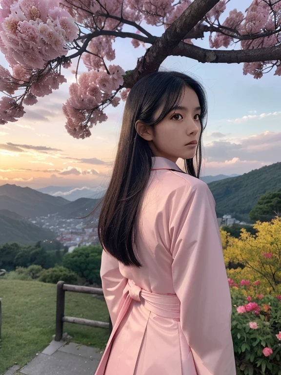 (Best Quality, masutepiece),(1girl in, shrine maiden, coat, Facial expression face, Black eyes, view front ,Black hair, Walking, Upper body), (Stray Sky at night, Huge old tree behind, Pink petals that shine on the back fall, Shrine behind, mountain background, Blowing wind, Meteor clouds)