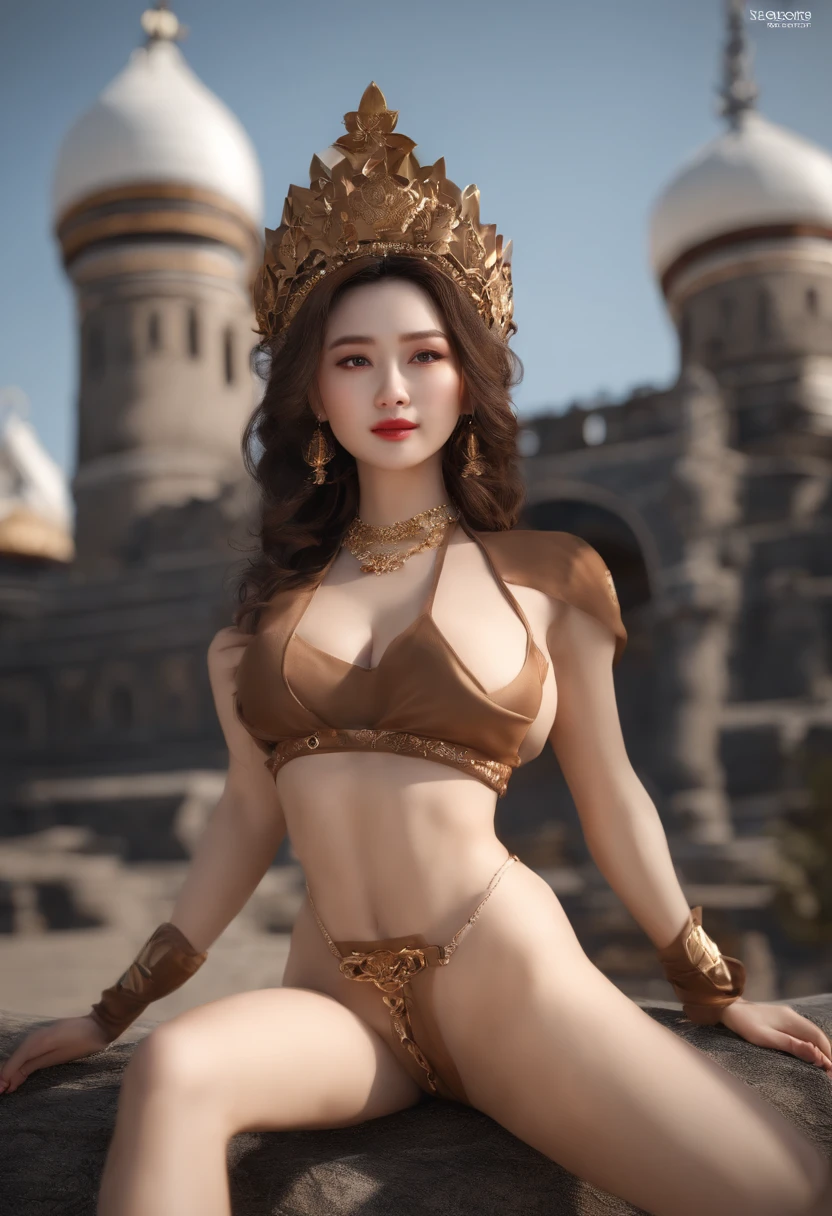 (tmasterpiece)), (((Better quality))), ((ultra - detailed)), (Amazing Cleavage: 1.1), ((Combined with CG 8K extreme details )), (8K, RAW photogr, Better quality, tmasterpiece: 1.2), (Realist, Realistic photos: 1.4), (rendering: 1.4), (rendering: 1.4), hyper realisitc, A high resolution, NVIDIA RTX Ray Tracing, internal image, sorriso level, looking at viewert, CG3d HD CG photos,sexual excitement, Sexy Chinese queen with dark brown hair,(body is straight,Stand with left leg straight,Lift your right leg high above your head,Hold your right leg with your right hand,,Barefoot and high heel sandals,High-heeled sandals must be gold,hollowed out,Reveal thongs,The content is very detailed。Accurate and true to the extreme)and she wears a crown,There is a thin chain around her neck,Her figure is graceful and sexy,Skin is moist and fair,Wet skin,She looks at you, show troubled expression(sexual excitement)Please thank Mei.,huge plumpness,穿着金色皮质hollowed out性感文胸,性感金色吊带hollowed out丁字裤,The whole buttocks is exposed,Thong stuck in crack,Huge tits filled with milk(Slight sagging),The two bumps are very obvious,legs long,金色hollowed out高跟鞋,Straighten your upper body,Stand straight with left leg,Lift your right leg high above your head右手扶住右腿,Barefoot and high heel sandals,High-heeled sandals must be gold,hollowed out揭示极其精确的全身成像.,The content is very detailed。Everything from hair to toes is visible。Fountain in front background,medium body view,Extremely accurate movements that require precise precision