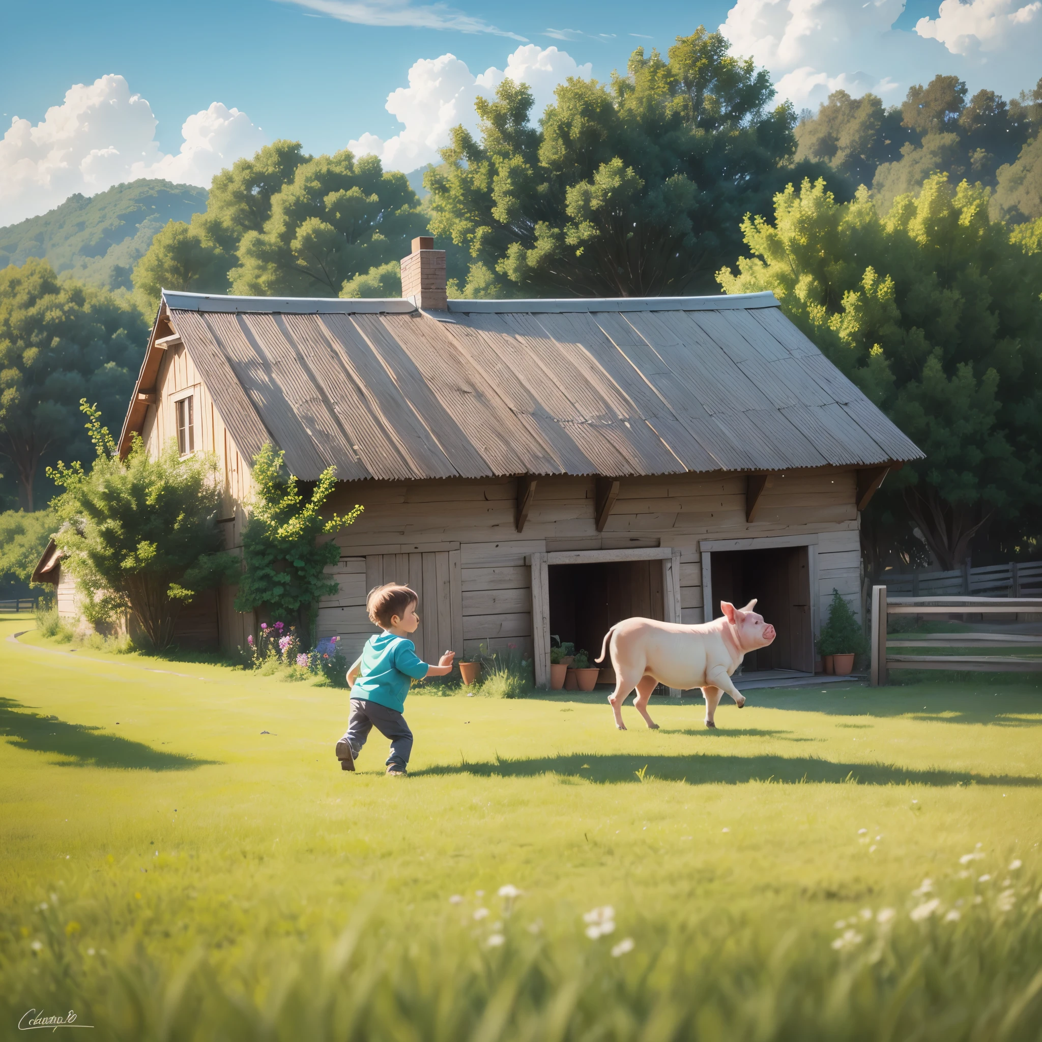 (best quality,4k,8k,highres,masterpiece:1.2),ultra-detailed,realistic, HDR, UHD, (sketch, pencil sketch),(oil painting),(detailed,meticulous:1.1) village street scene, joyful(1.1),vivid colors, sunny day, (rustic,quaint) country road, (charming,traditional) rural houses, (lush,green:1.1) fieldriendly,cuittle boy, (carefree,happy) expression, (dynamic,motion-filled:1.1) pig riding, (fun,amusing) interaction between the boy and the pig, (curious,giggling:1.1) boy, (content,relaxed) pig, (cheerful,animated) atmosphere, (tranquil,serene) surroundings, (peaceful,quiet) ambiance, (idyllic,) countryside, (authentic,genuine) village life, (blissful,homely) scene --auto --s2