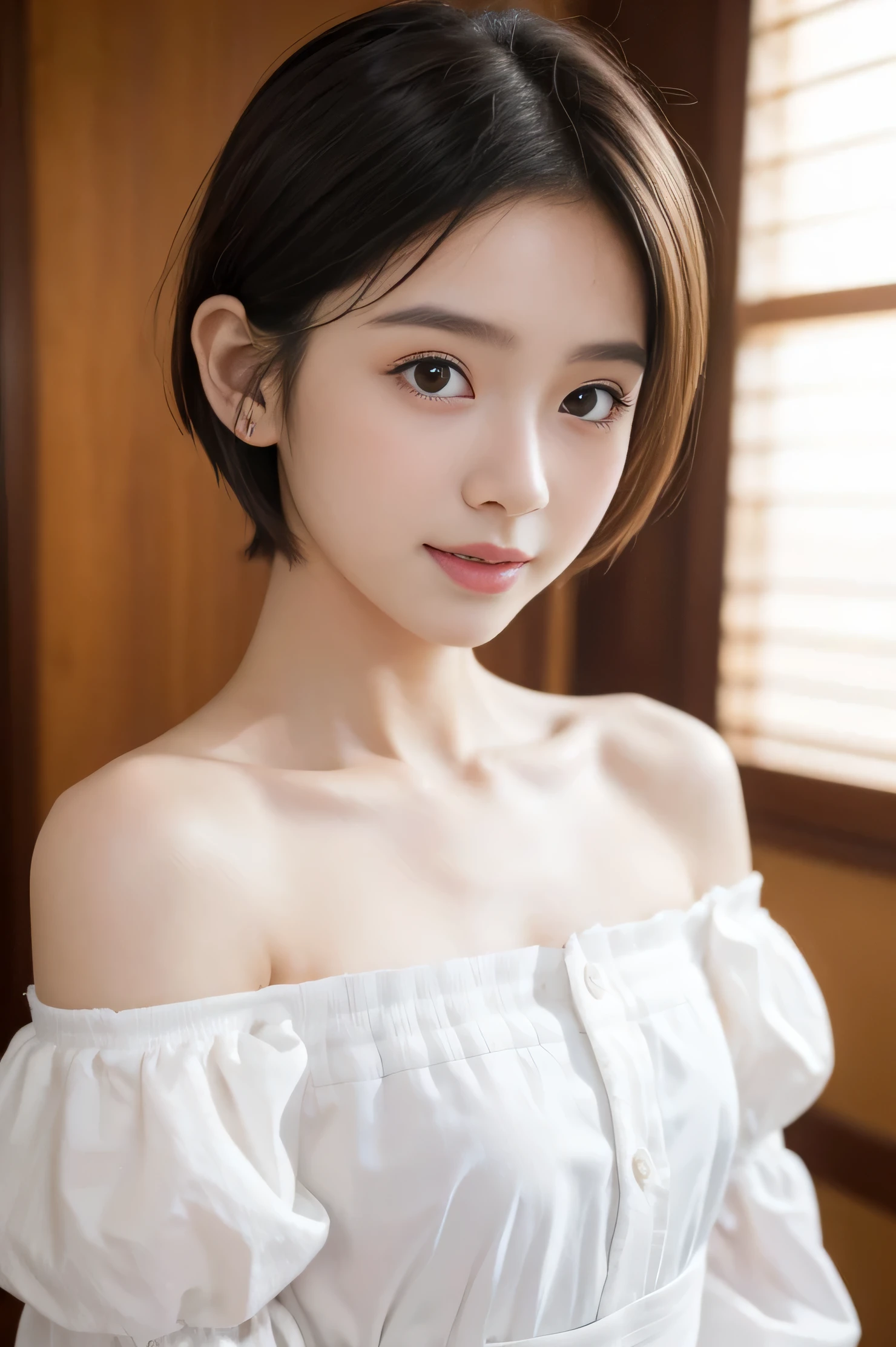 (((​masterpiece))),  (Two Japan Beautiful Girls, couple focus, classmates, Pure and innocent，kawaii) ，超A high resolution, Realistic, ultra-detailliert, 8K,top-quality, Extremely detailed, Detailed background,A slender,very beautiful japanese girl, Detailed face:1.3), (Boyish short-haired，A dark-haired :1.4), (a ，kawaii系,adorable 14 year o(Perfect body:1.1), White Dress, Please show me your beautiful teeth，Bursting smile, beautiful off shoulder clavicle、Scrunchie,Super Detailed Face、Detailed lips、A detailed eye、small gravure idol，Transparent skin