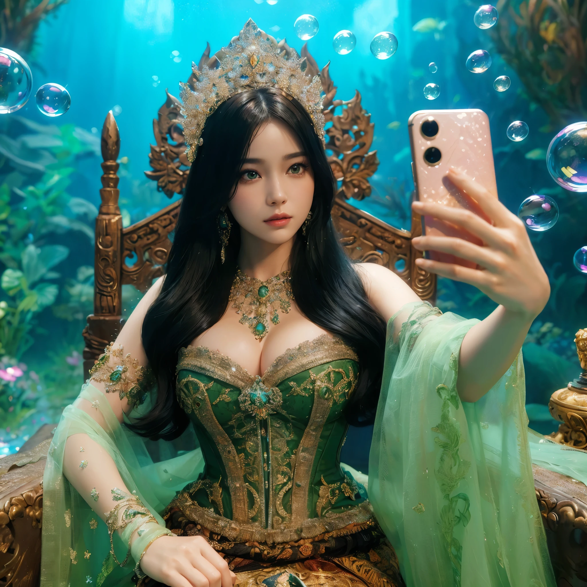 there is a woman in a green dress taking a picture of herself, sitting in her throne underwater, real photoshoot queen of oceans, portrait of mermaid queen, a beautiful fantasy empress, queen of the sea mu yanling, artwork in the style of guweiz, beautiful digital artwork, ((a beautiful fantasy empress)), 8k)), digital fantasy art ), (masterpiece, best quality:1.2),(8k,highres,RAW photo,realistic,photo-realistic:1.3),(detailed skin texture,detailed cloth texture,beautiful detailed face:1.25),professional lighting,photon mapping,beautiful soft light,radiosity,physically-based rendering,model shoot style, model shoot style, (extremely detailed CG unity 8k wallpaper), full shot body photo of the most beautiful artwork in the world, complex 3d render ultra detailed, looking at viewer, 18 yo, wet hair, real human skin, vibrant details, hyperrealistic, beautiful, octane render, 8k, best quality, masterpiece, an extremely delicate and beautiful, extremely detailed ,CG ,unity ,wallpaper, (realistic, photo-realistic:1.37),Amazing, finely detail, masterpiece,best quality,official art, extremely detailed CG unity 8k wallpaper ,extreme detailed eyes, (perfect face), shiny skin, colorful, highest detailed, vibrant colors, ultra high res, (high contrast), intricate, lens flare,