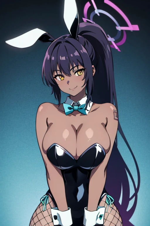 1girl, solo, facing viewer, looking at viewer, upper body, smile, karin kakudate, very dark skin, halo, very long hair, big breasts, deep cleavage, tattoo, ponytail, bunny, rabbit ears, black leotard, detached collar, aqua bow, fishnet pantyhose, wrist cuffs, white gloves, arms down, elbow squeeze, enormous breasts squeezed together